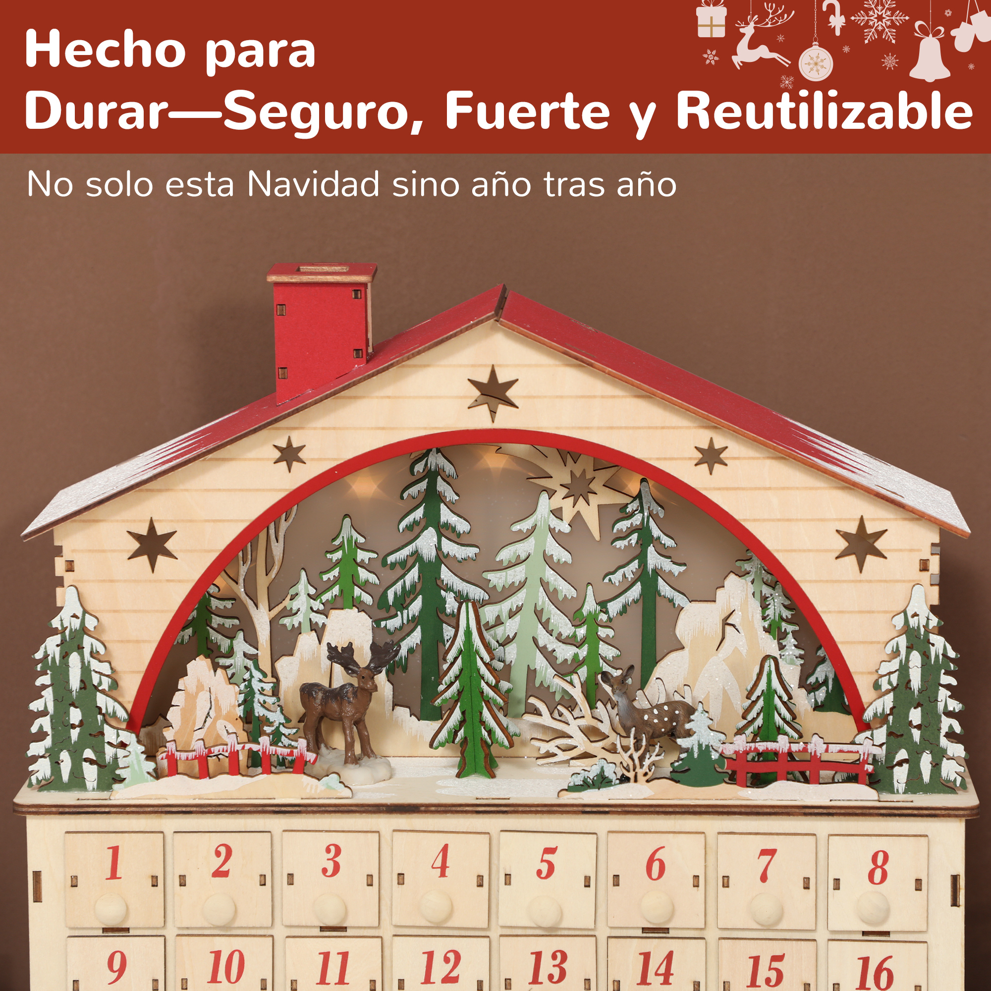 Calendario de adviento de madera con escena de bosque iluminada y ciervos.