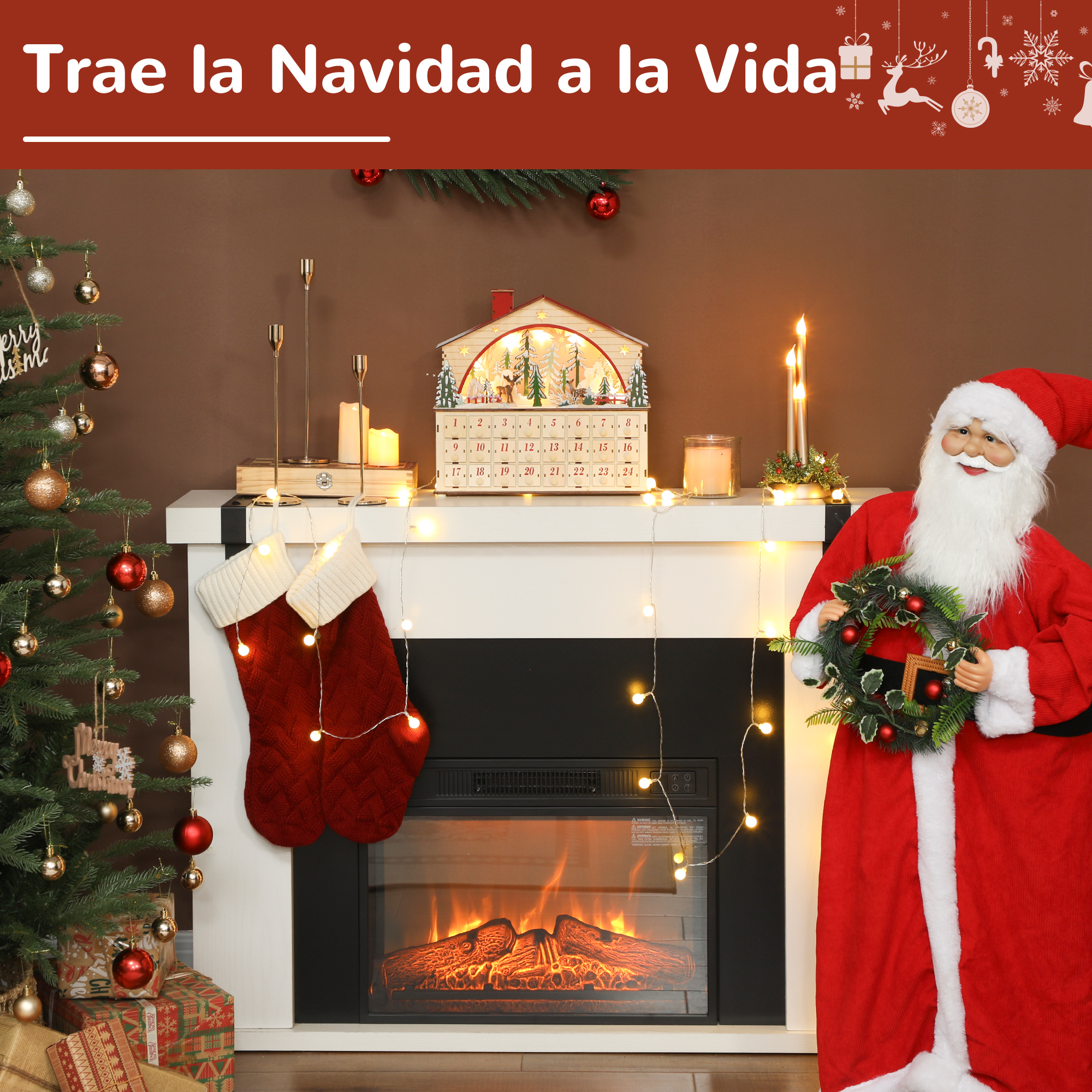 Escena navideña con árbol decorado, chimenea encendida, calendario de adviento y Papá Noel sosteniendo una corona.