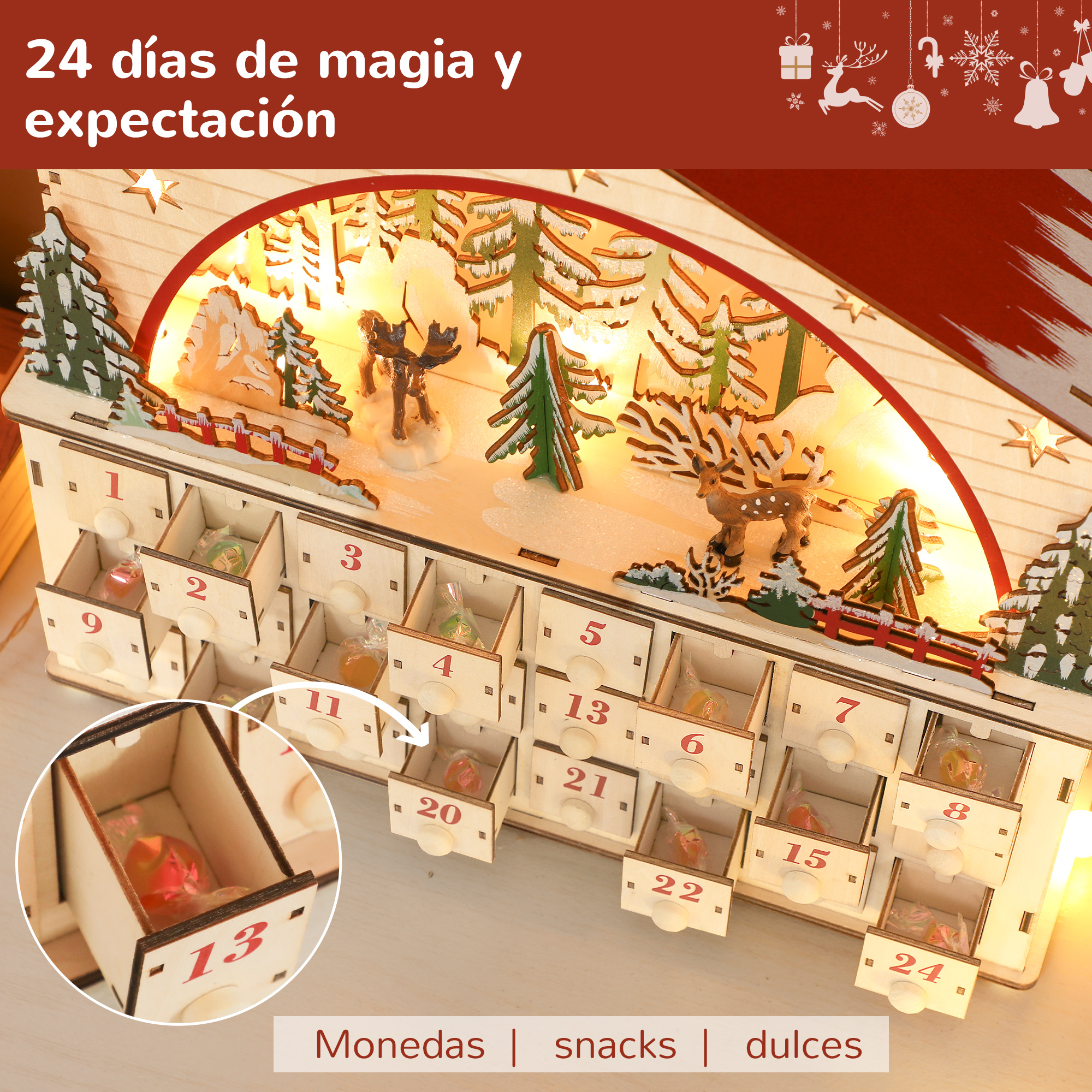 Un calendario de adviento de madera con escenas de invierno iluminadas y cajones abiertos con dulces.