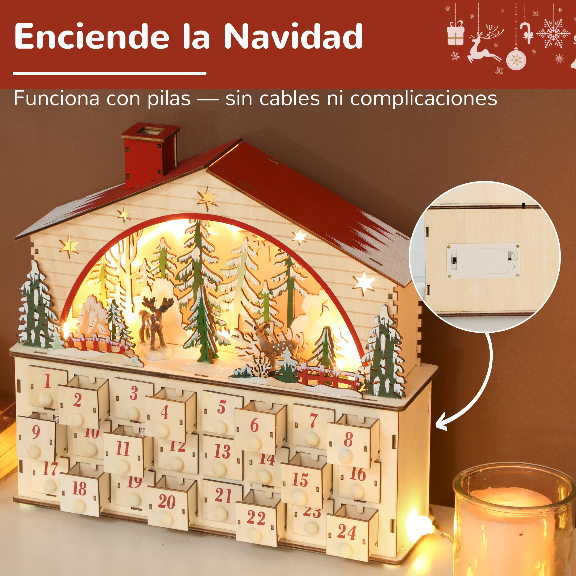 Una casa calendario de adviento de madera con escena de bosque iluminada y cajones.