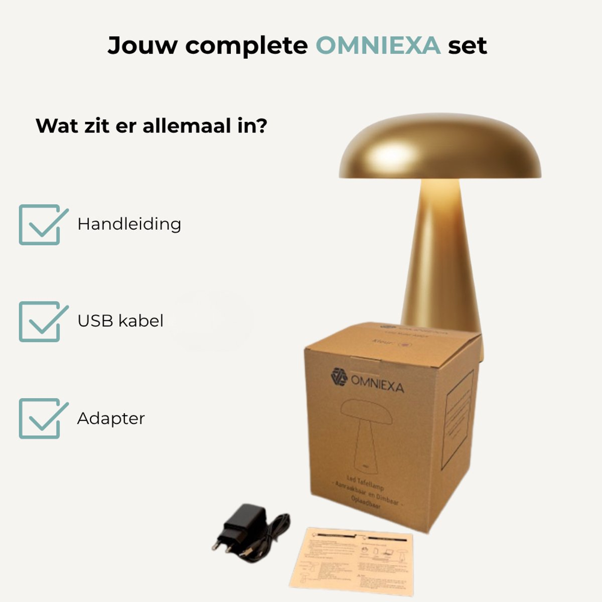 Gold table lamp, OMNIEXA box, USB cable, adapter, and manual on a beige background.