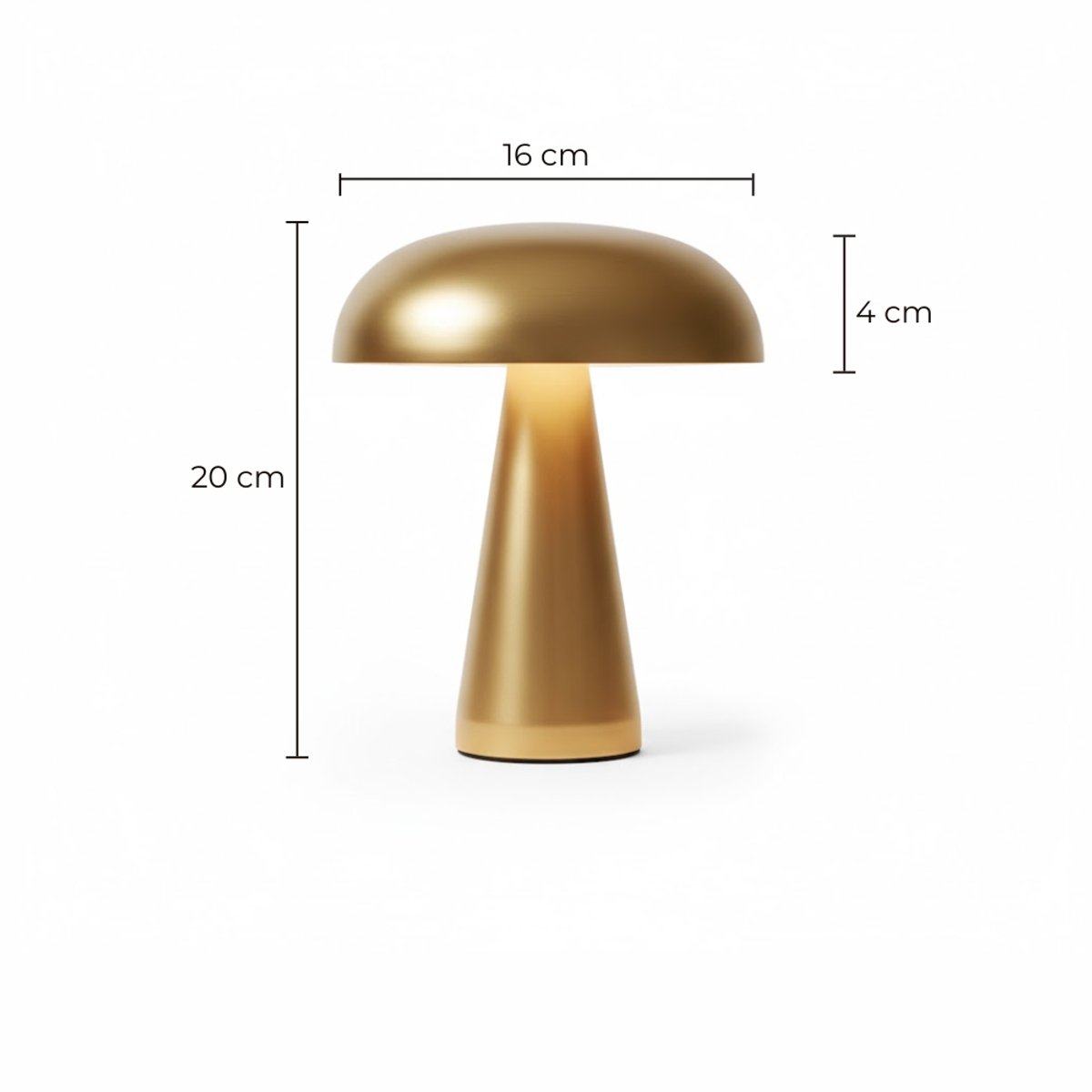A gold mushroom-shaped lamp with dimension lines showing 20 cm height, 16 cm width, and 4 cm shade height.