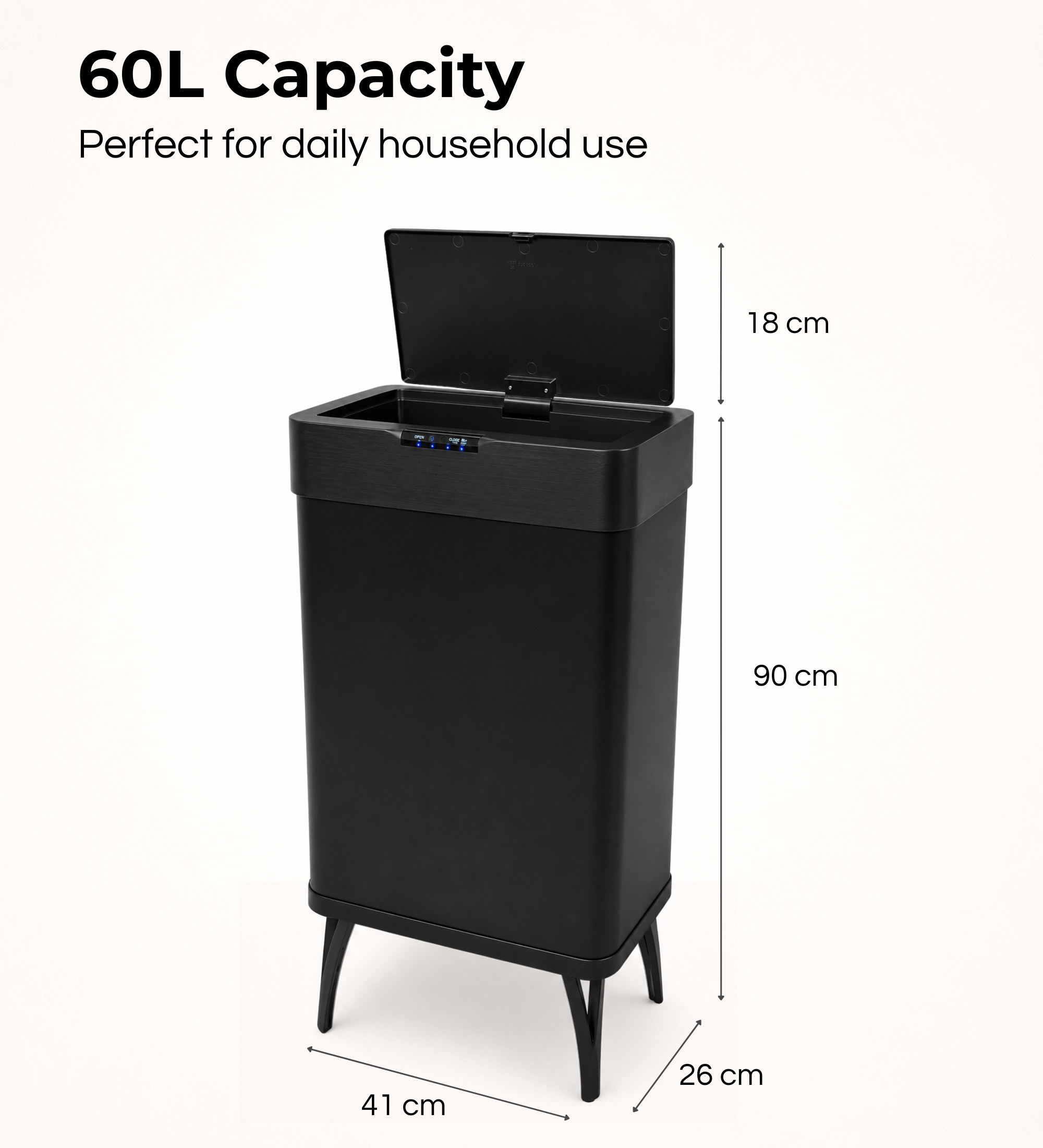 Un cestino intelligente nero da 60L con coperchio aperto su quattro gambe, dimensioni: 90 cm di altezza, 41 cm di larghezza, 26 cm di profondità.