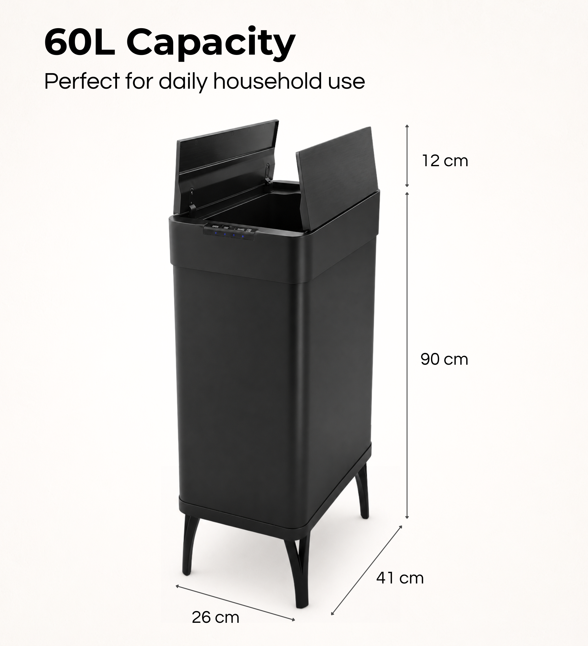 Un cestino intelligente nero da 60L con gambe, alto 90cm, profondo 41cm e largo 26cm, con coperchio aperto.