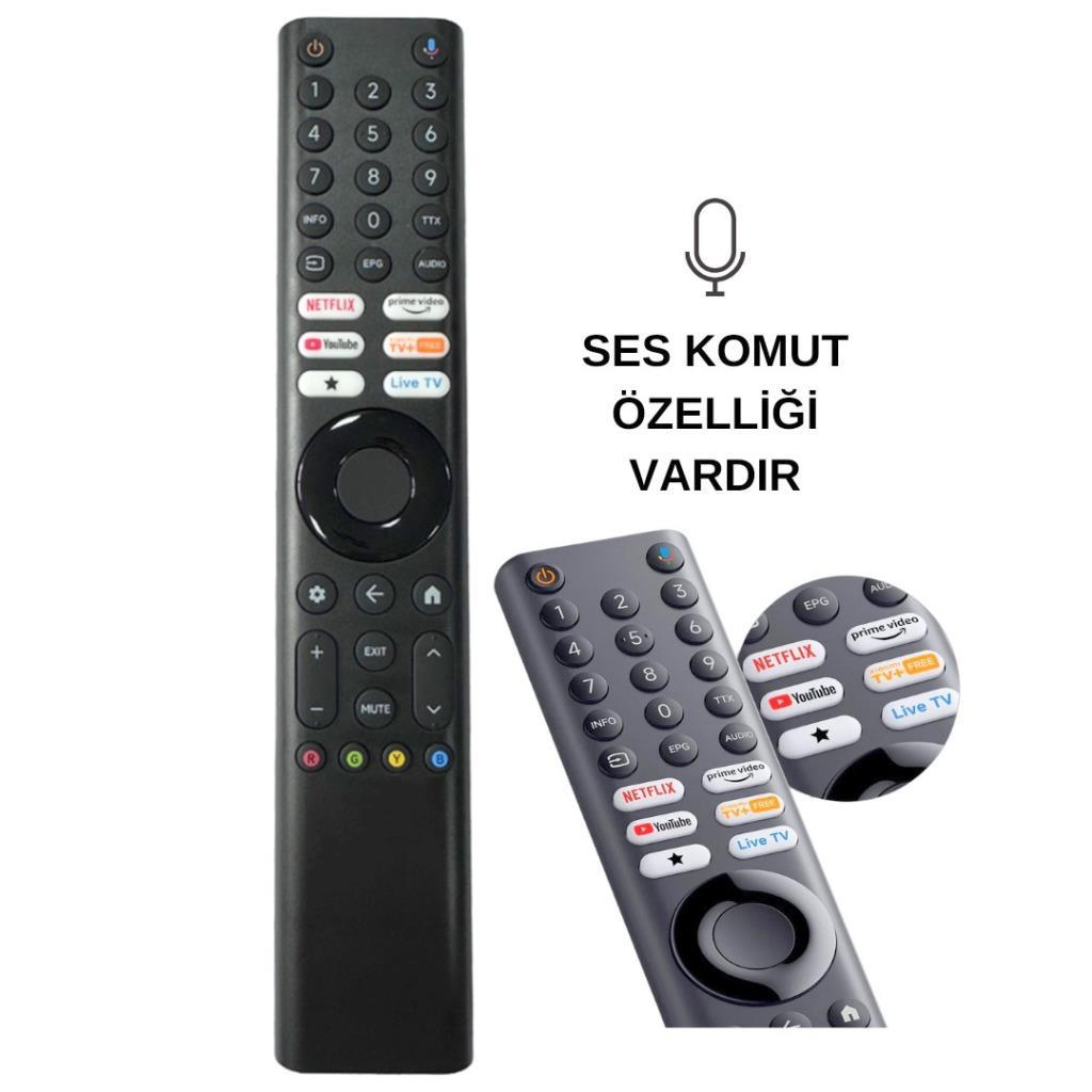 Sayı tuşları, yön tuşları, yayın uygulaması tuşları ve mikrofon simgesi olan siyah TV kumandası.