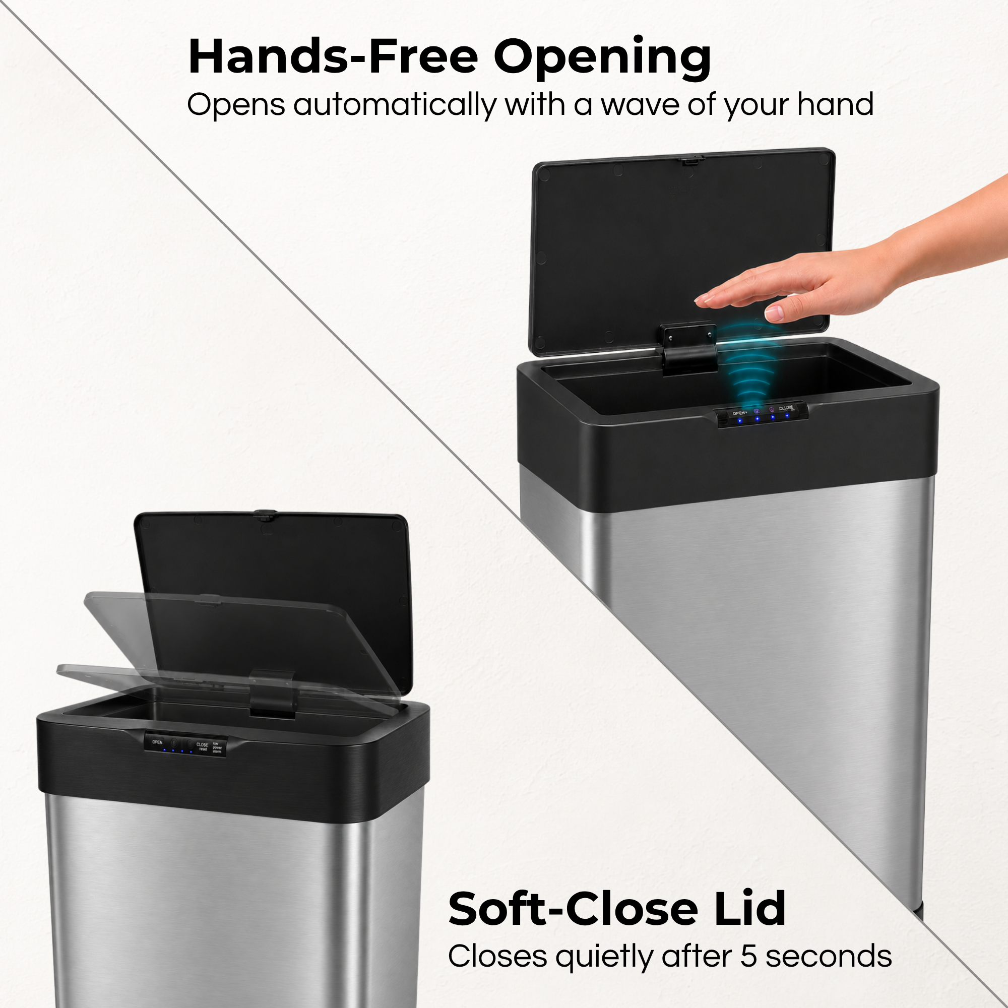 Pattumiera in acciaio inox con sensore automatico e coperchio silenzioso.