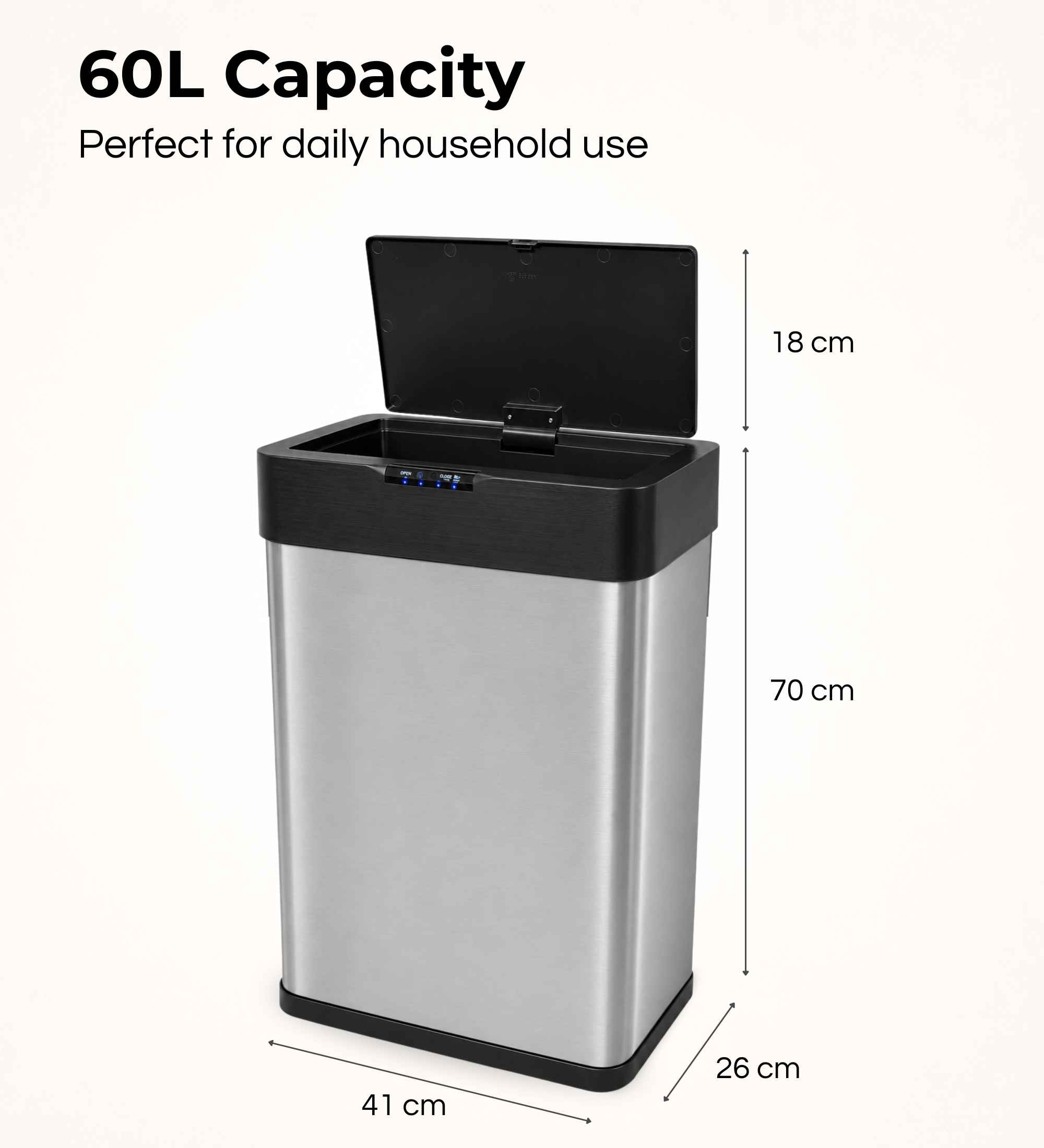 Pattumiera in acciaio inox da 60L con coperchio nero aperto e dimensioni annotate.