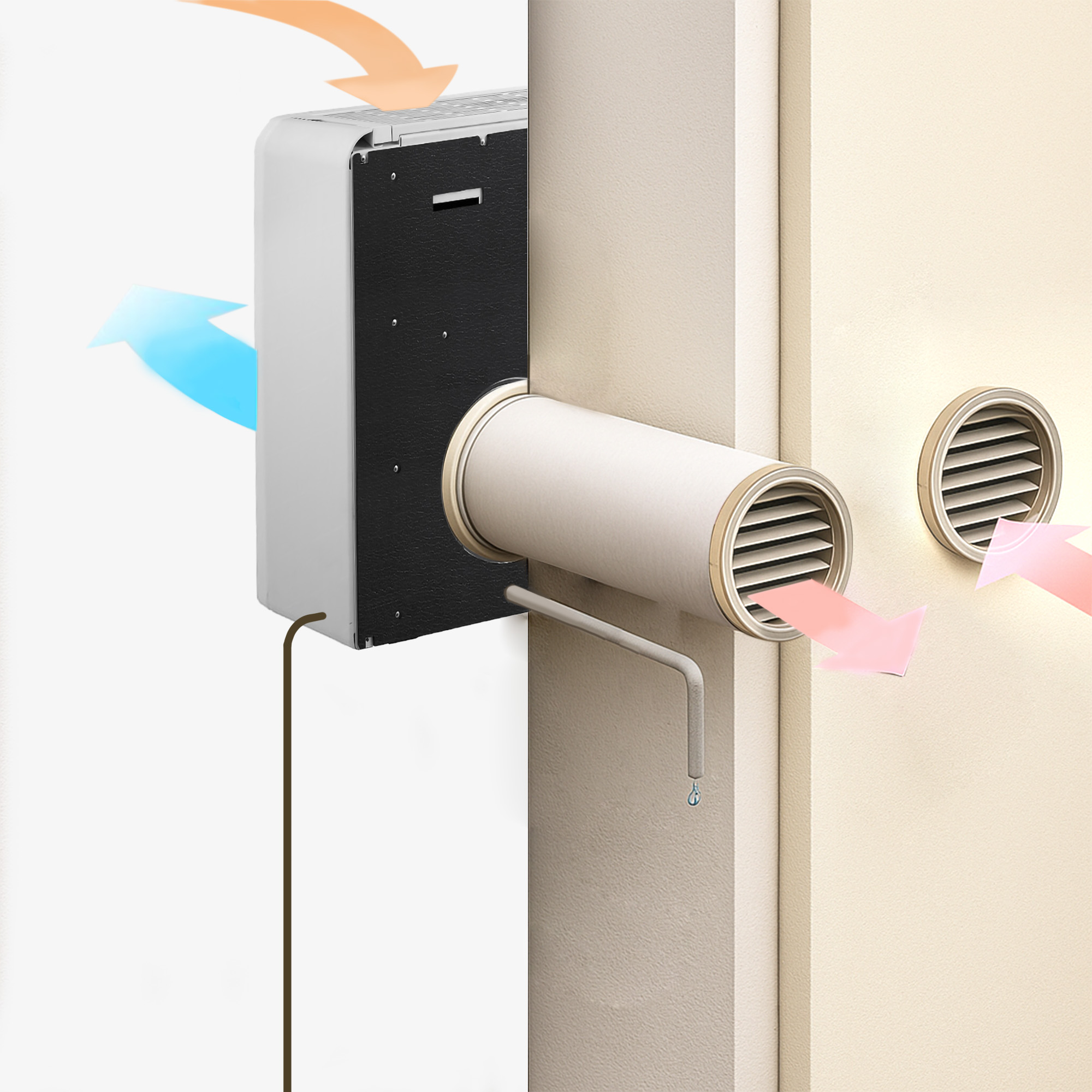 Unidad de aire acondicionado conectada a través de la pared mediante un tubo, con flechas que indican el flujo de aire.