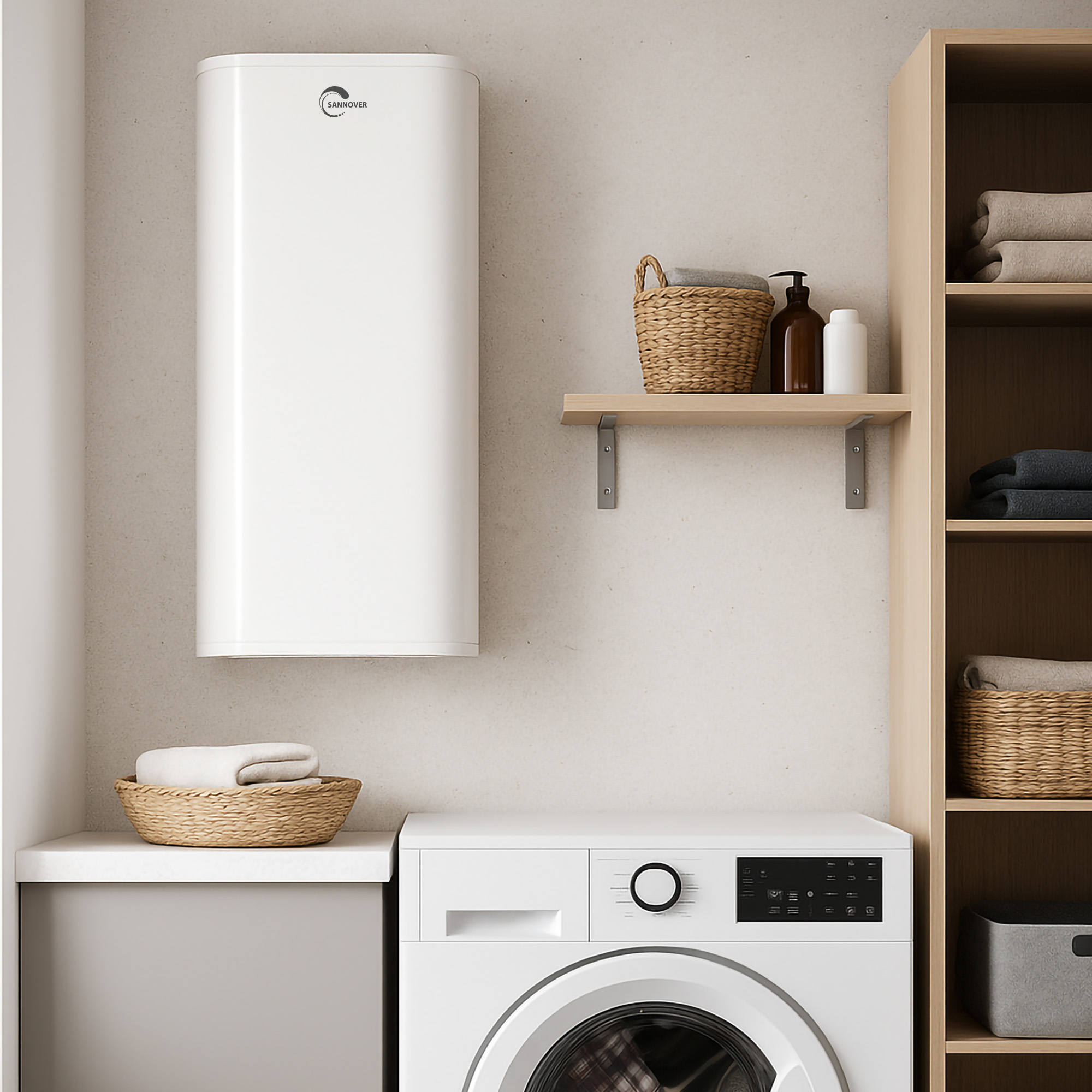 Ein weißer Warmwasserspeicher an der Wand über einer Waschmaschine, daneben ein Regal mit Badutensilien.