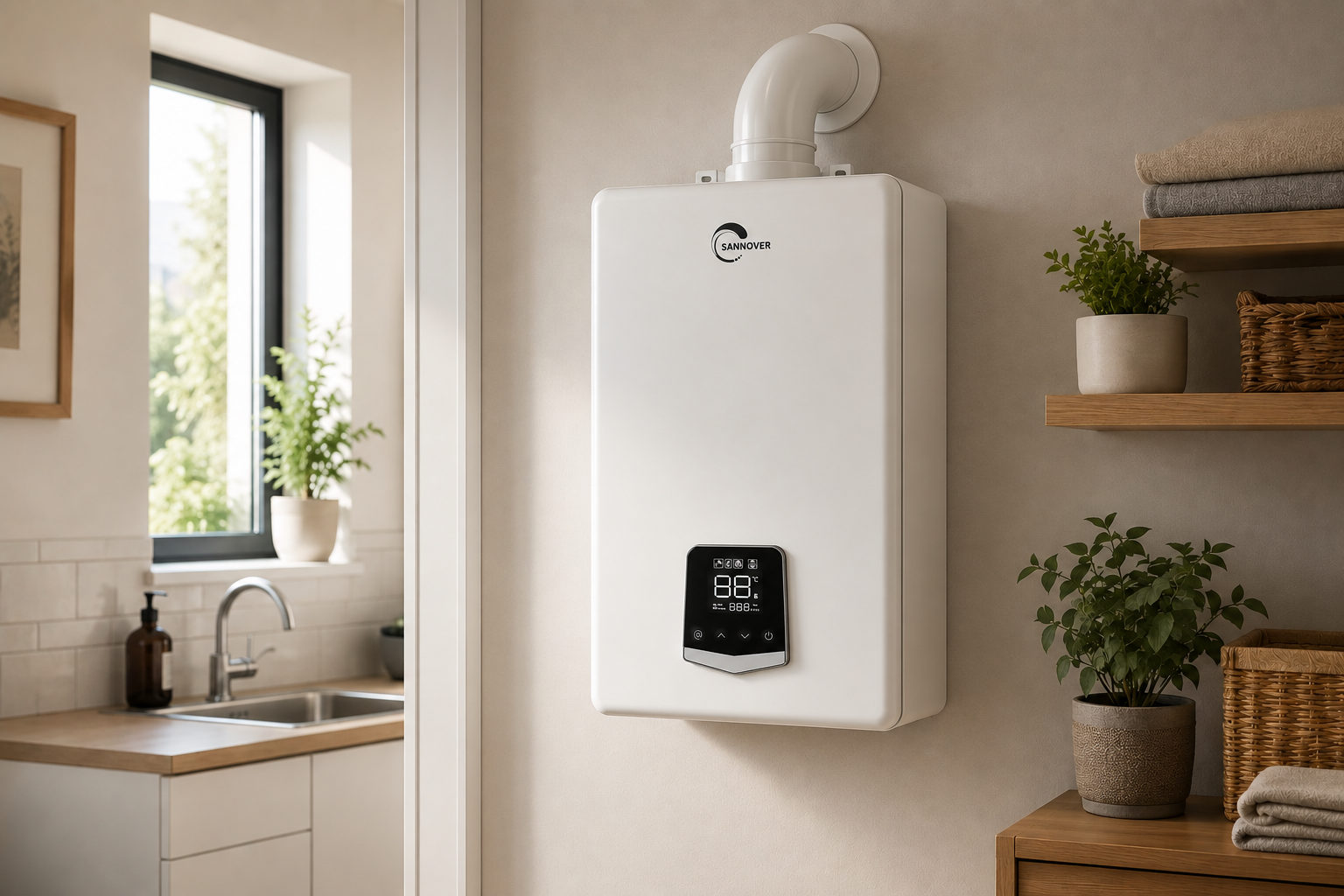 Una caldera de gas Sanover blanca en una pared clara, con pantalla digital y tubo superior, junto a estantes y una cocina.