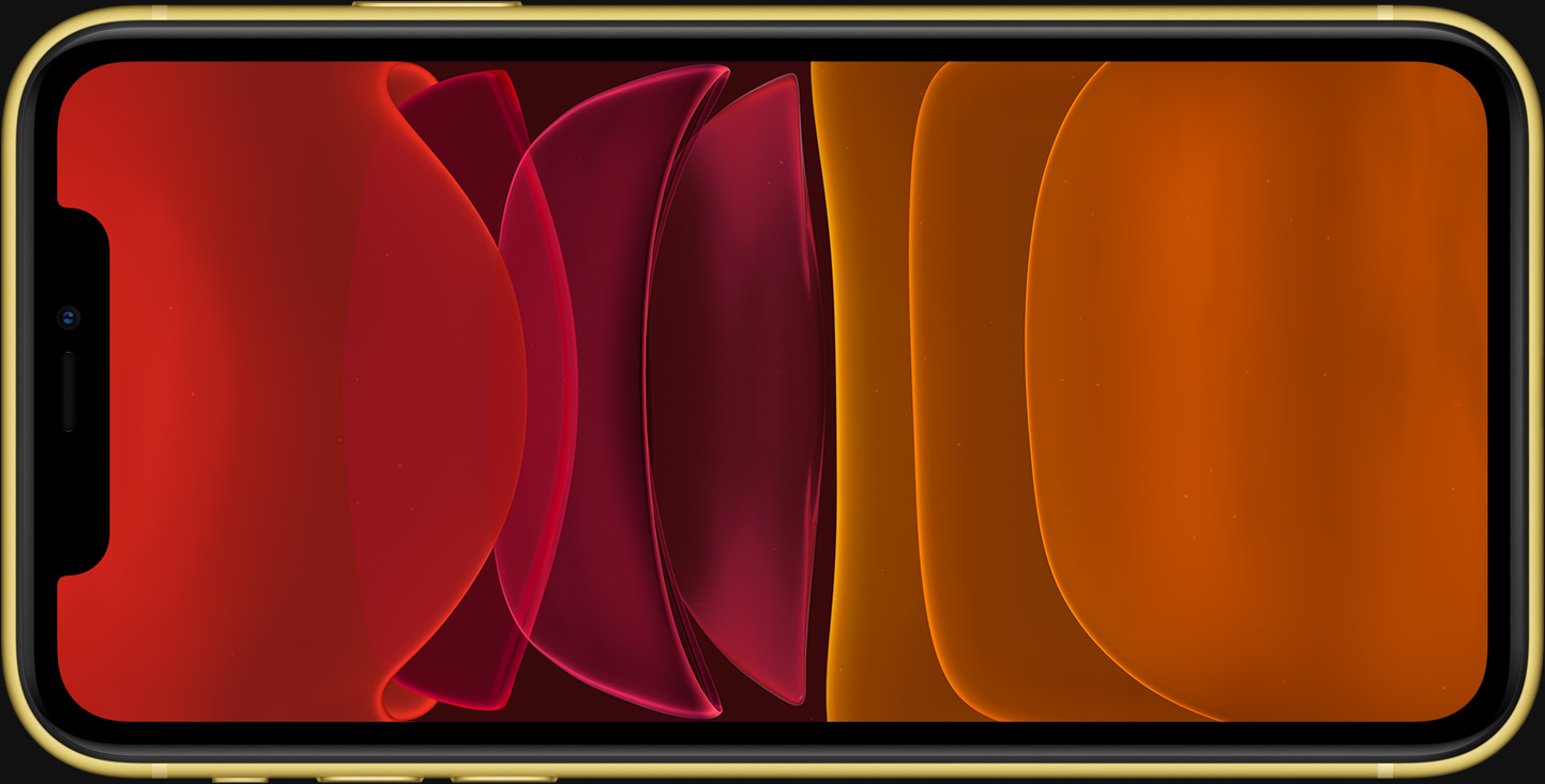 Smartphone in vista orizzontale con uno sfondo astratto curvo rosso e arancione sullo schermo.