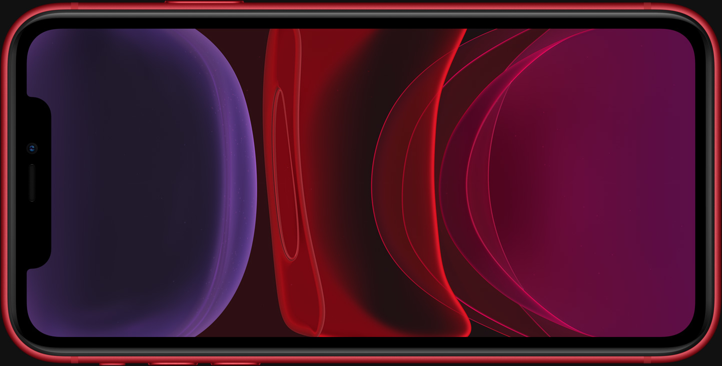 Ein rotes Smartphone zeigt einen abstrakten Bildschirm mit violetten und roten geschwungenen Formen.