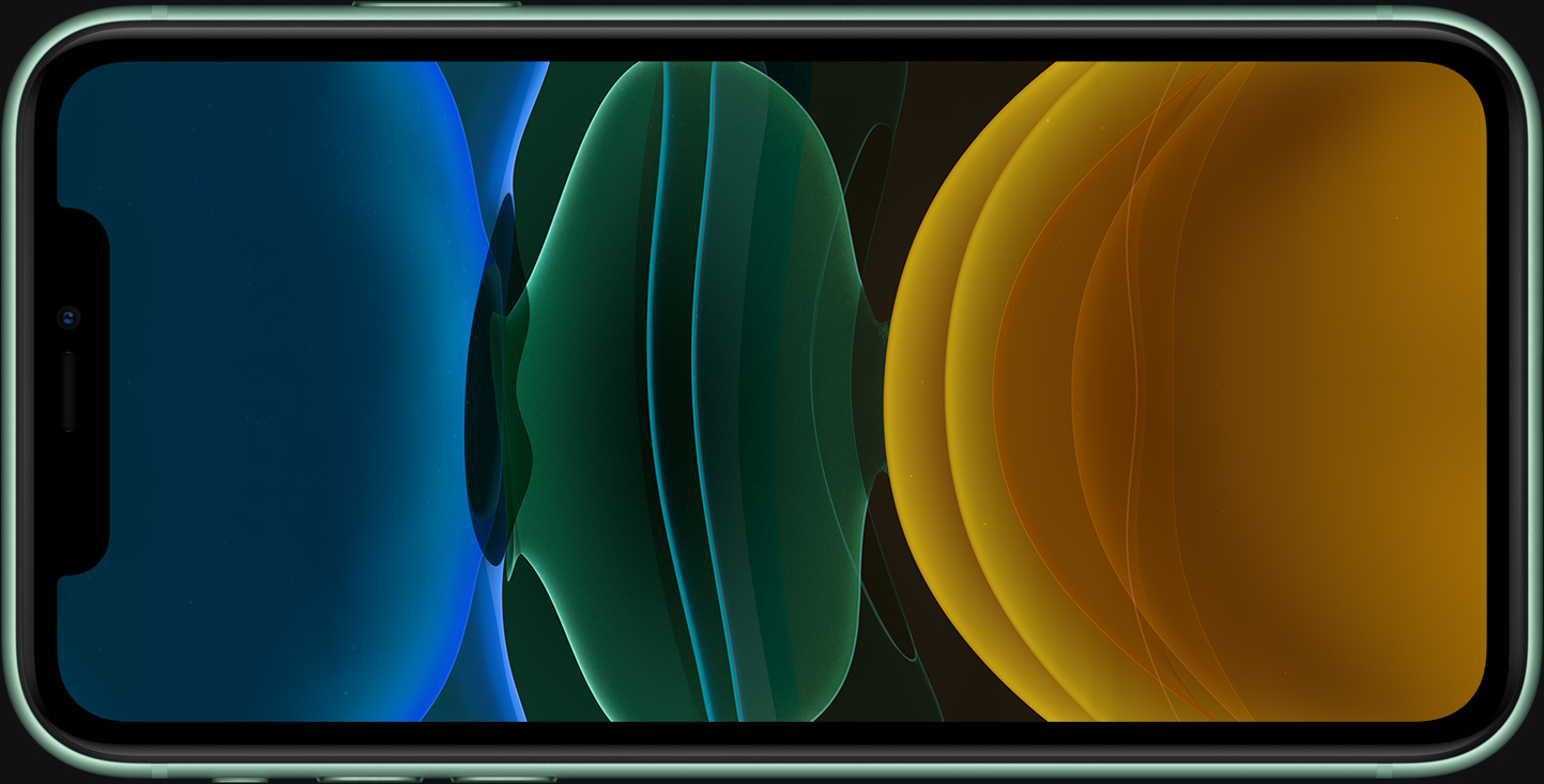 Smartphone che mostra uno sfondo astratto con forme curve blu, verdi e gialle.
