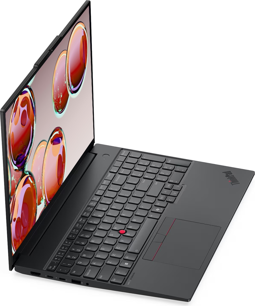 Üç çeyrek açıda kırmızı TrackPoint'e sahip siyah dizüstü bilgisayar, kırmızı yuvarlak desenli bir ekran gösterir.