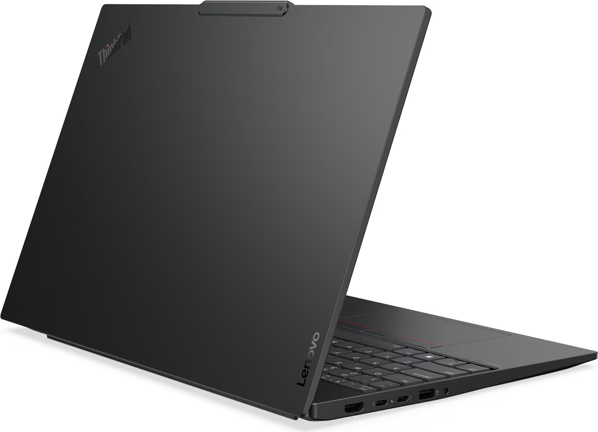Arka açıdan görünen siyah Lenovo ThinkPad dizüstü bilgisayar, şık tasarımını ve klavyesini gösterir.