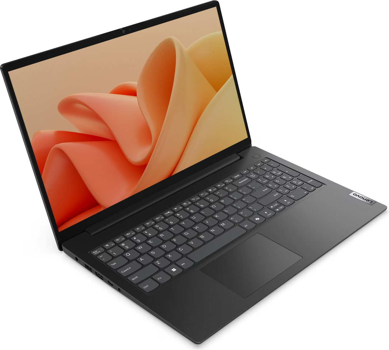 Beyaz bir y üzeyde açık duran siyah bir Lenovo dizüstü bilgisayar, turuncu ve bej soyut dalga duvar kağıdı.