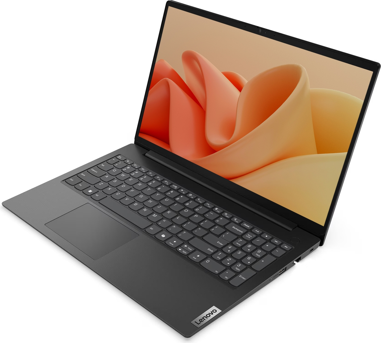 Ekranında renkli soyut bir duvar kağıdı olan, beyaz arka plan üzerinde gri bir Lenovo dizüstü bilgisayar.