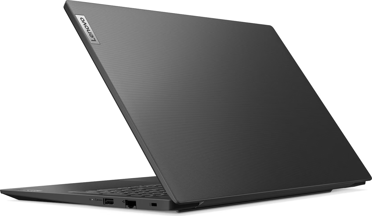 Beyaz arka planda kapalı gri bir Lenovo dizüstü bilgisayar, yandan fotoğraflanmış.
