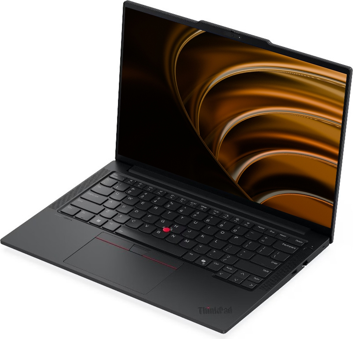 Siyah bir ThinkPad dizüstü bilgisayar açık, ekranında soyut altın ve siyah duvar kağıdı var.