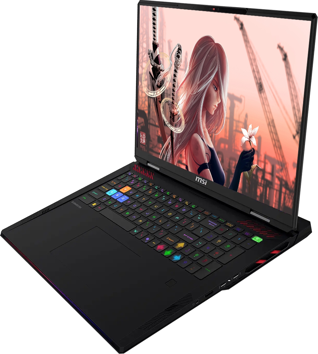 RGB klavyeli ve ekranında anime temalı duvar kağıdı olan siyah bir MSI oyuncu dizüstü bilgisayarı.