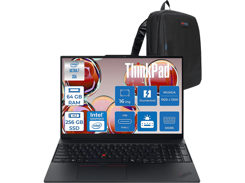 LENOVO ThinkPad E16 Gen 3 DDR5 E16G4355F26 Intel Core Ultra 7 355 64 GB RAM 256 GB SSD 16 inç FreeDOS Laptop+Çanta Black