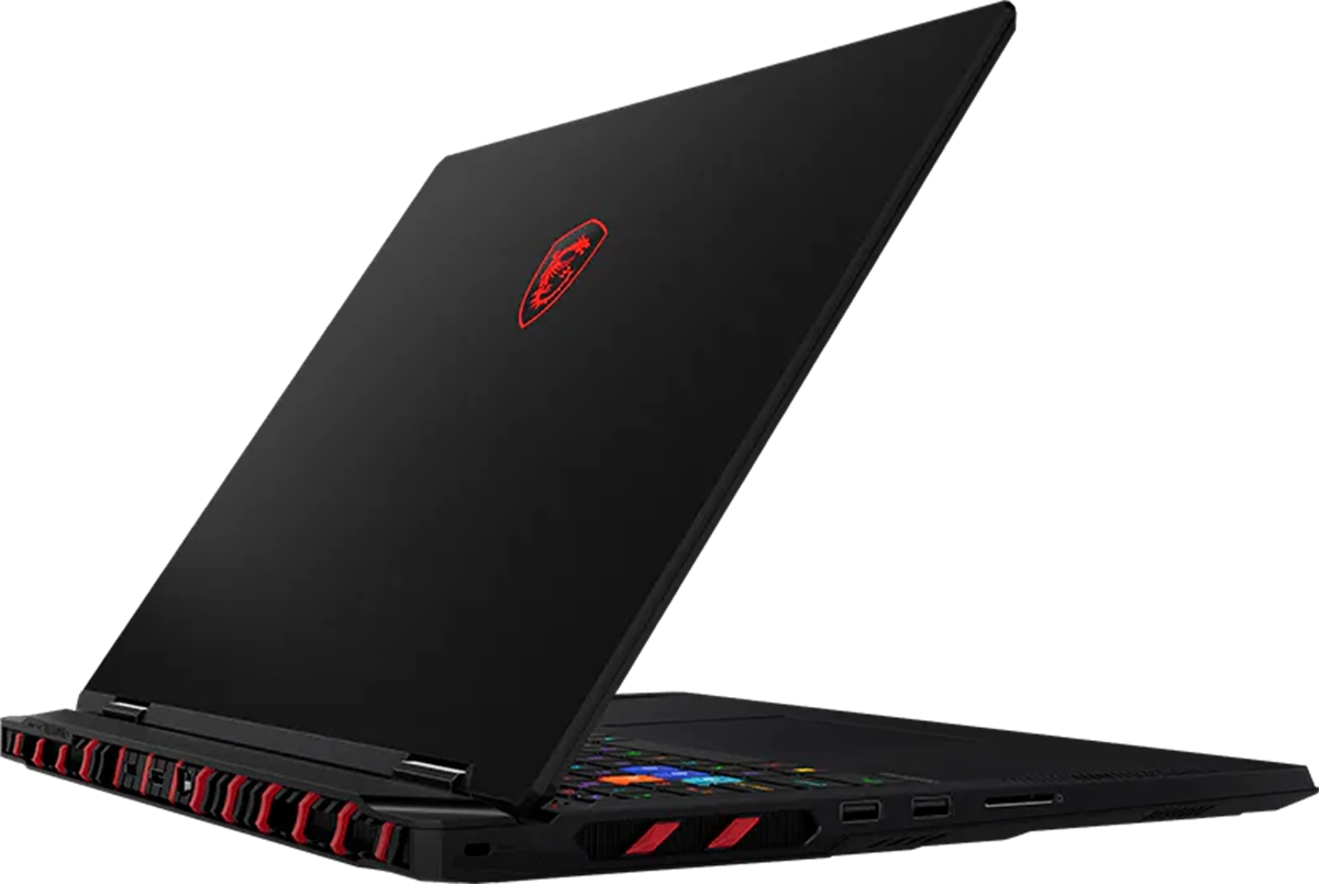 Kapağında kırmızı logo ve RGB klavye bulunan siyah MSI oyun dizüstü bilgisayarı.