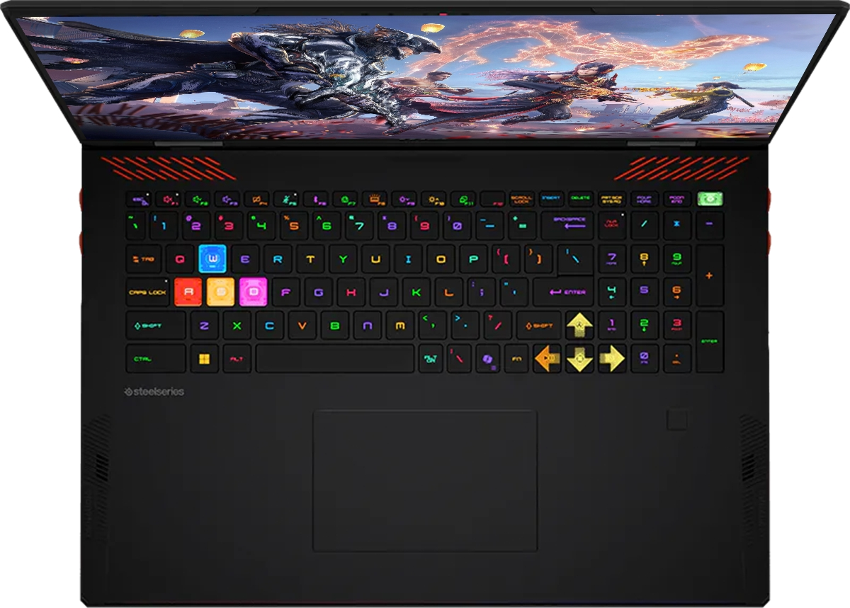 RGB aydınlatmalı klavyeye sahip oyuncu dizüstü bilgisayarı renkli bir fantastik duvar kağıdı gösteriyor.