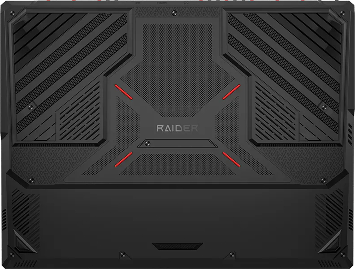 Havalandırma ızgaraları ve kırmızı detaylara sahip siyah bir MSI Raider dizüstü bilgisayar tabanı.