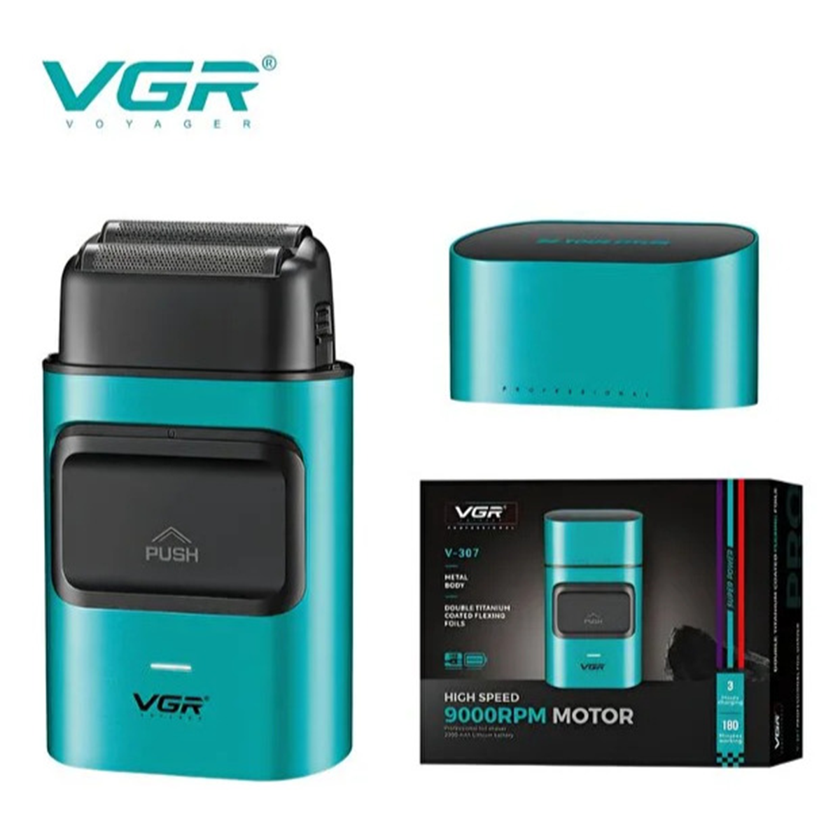 Koruma kapaklı ve kutulu, turkuaz rengi VGR V-307 elektrikli tıraş makinesi.