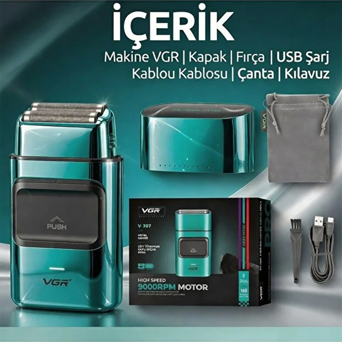 Turkuaz arka planda başlık, çanta, USB şarj kablosu ve fırça gibi aksesuarlarla yeşil VGR tıraş makinesi.