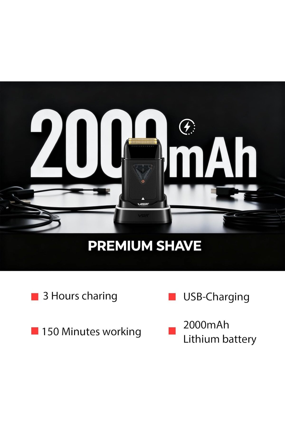 Şarj standında siyah tıraş makinesi, 2000mAh pil, 3 saat şarj ve 150 dakika çalışma süresi metniyle.