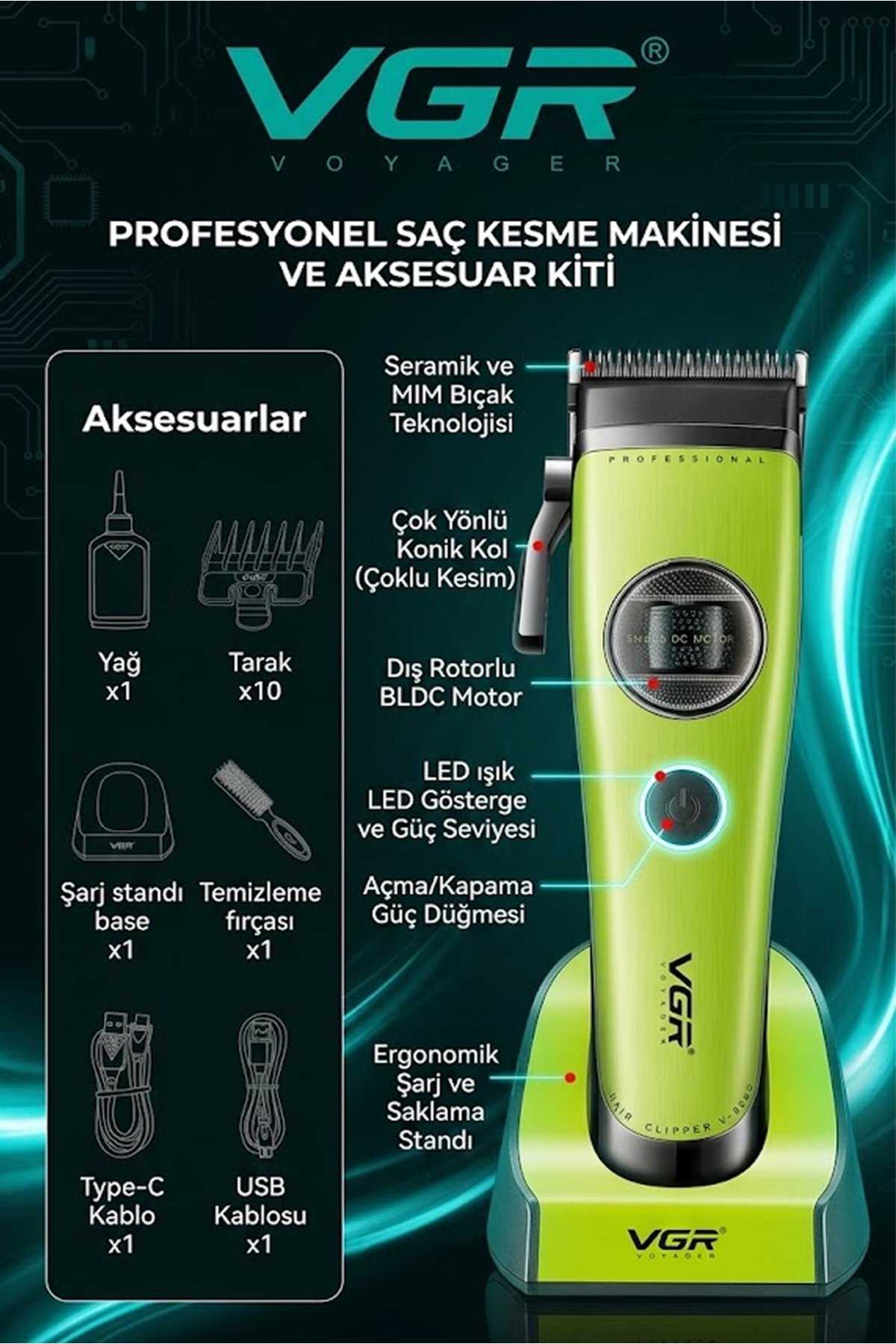 Aksesuar şemalı şarj standındaki yeşil VGR saç kesme makinesi.
