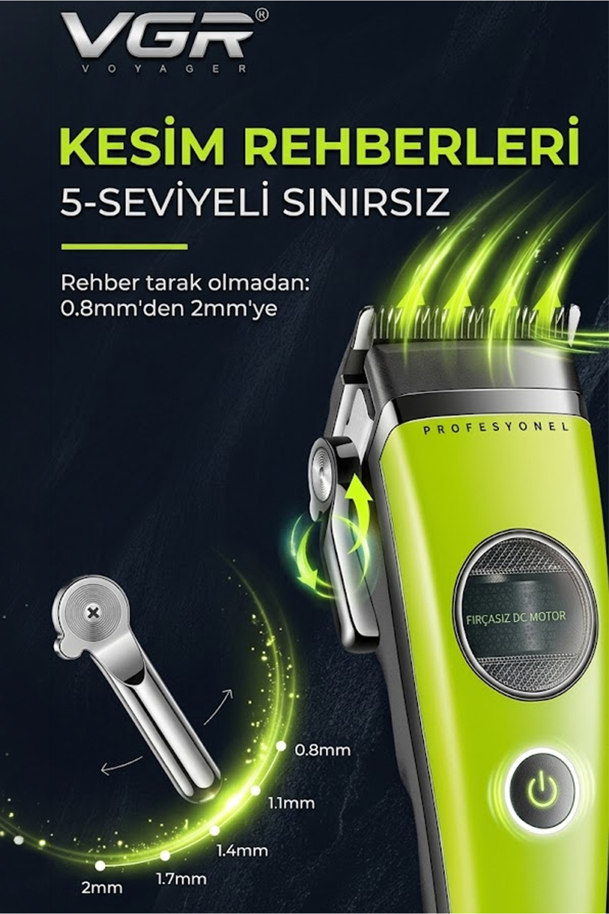 Siyah arka plan üzerinde yazılı yeşil VGR saç kesme makinesi.