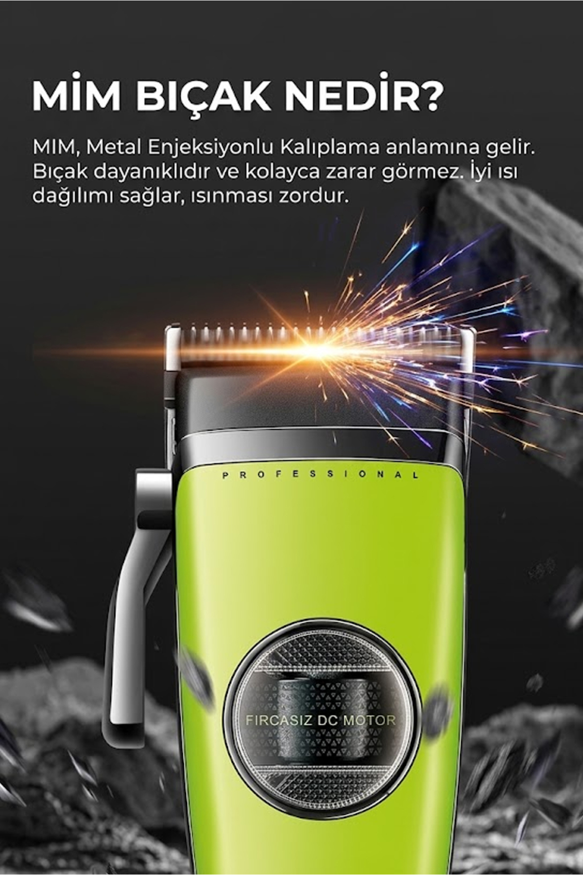 Karanlık arka planda bıçağından kıvılcımlar çıkan profesyonel limon yeşili saç kesme makinesi.