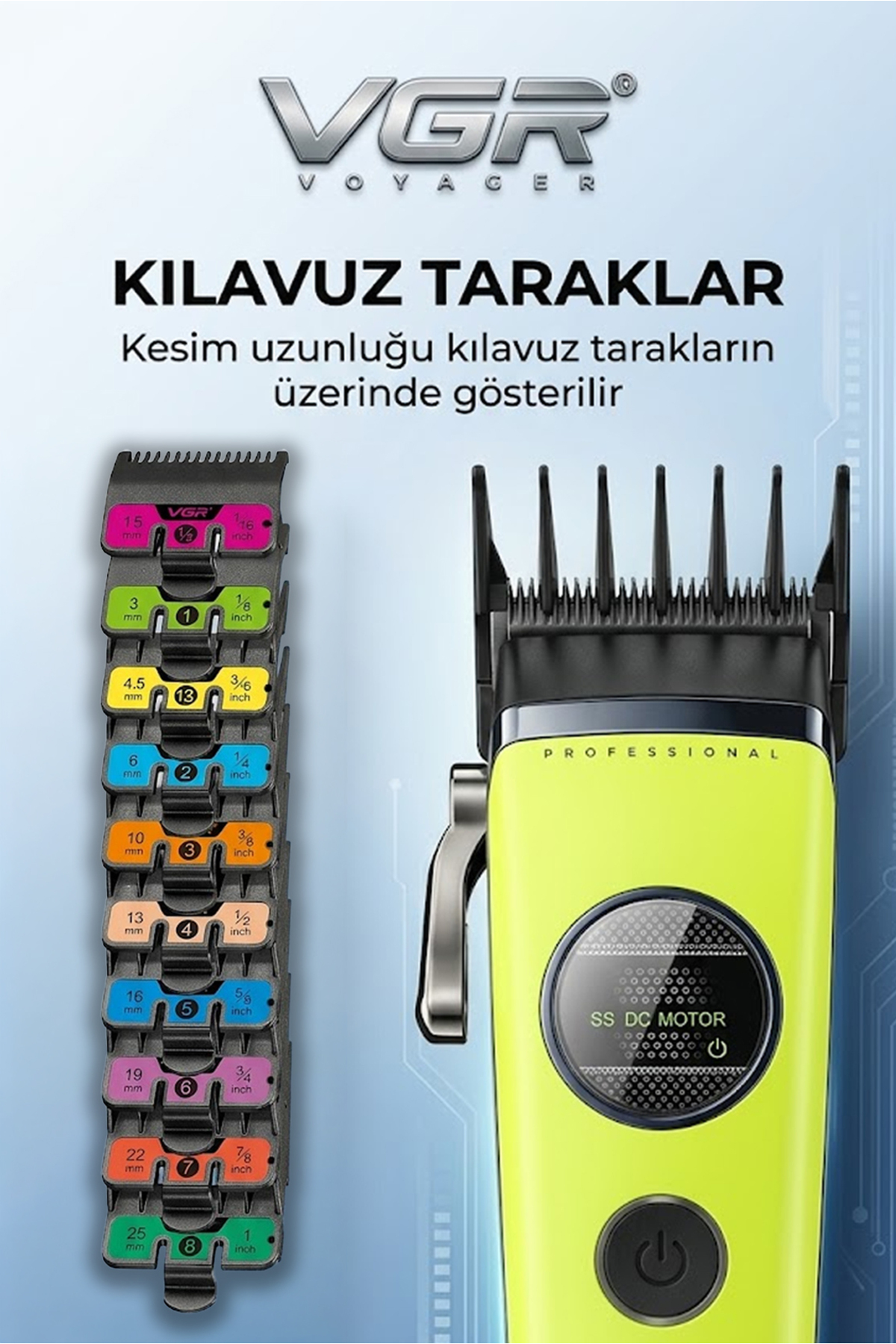 Sarı saplı ve çeşitli boyutlarda kılavuz taraklı VGR saç kesme makinesi.