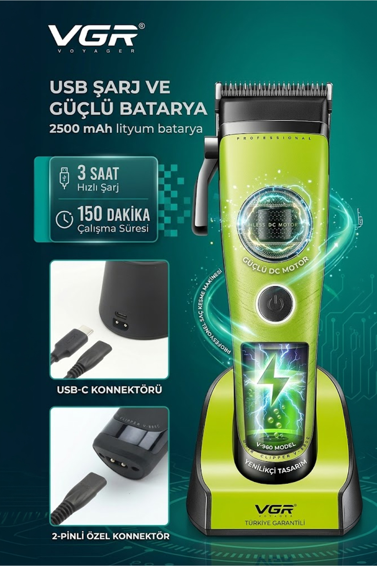 Şarj standında yeşil VGR saç kesme makinesi, USB-C ve pil bilgileriyle.