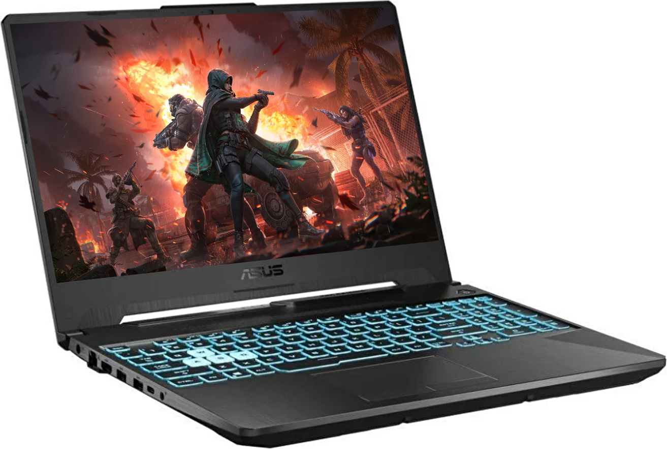 Bir ASUS oyuncu dizüstü bilgisayarı ekranında patlamalı bir aksiyon sahnesi gösteriyor ve mavi arka aydınlatmalı klavyeye sahip.