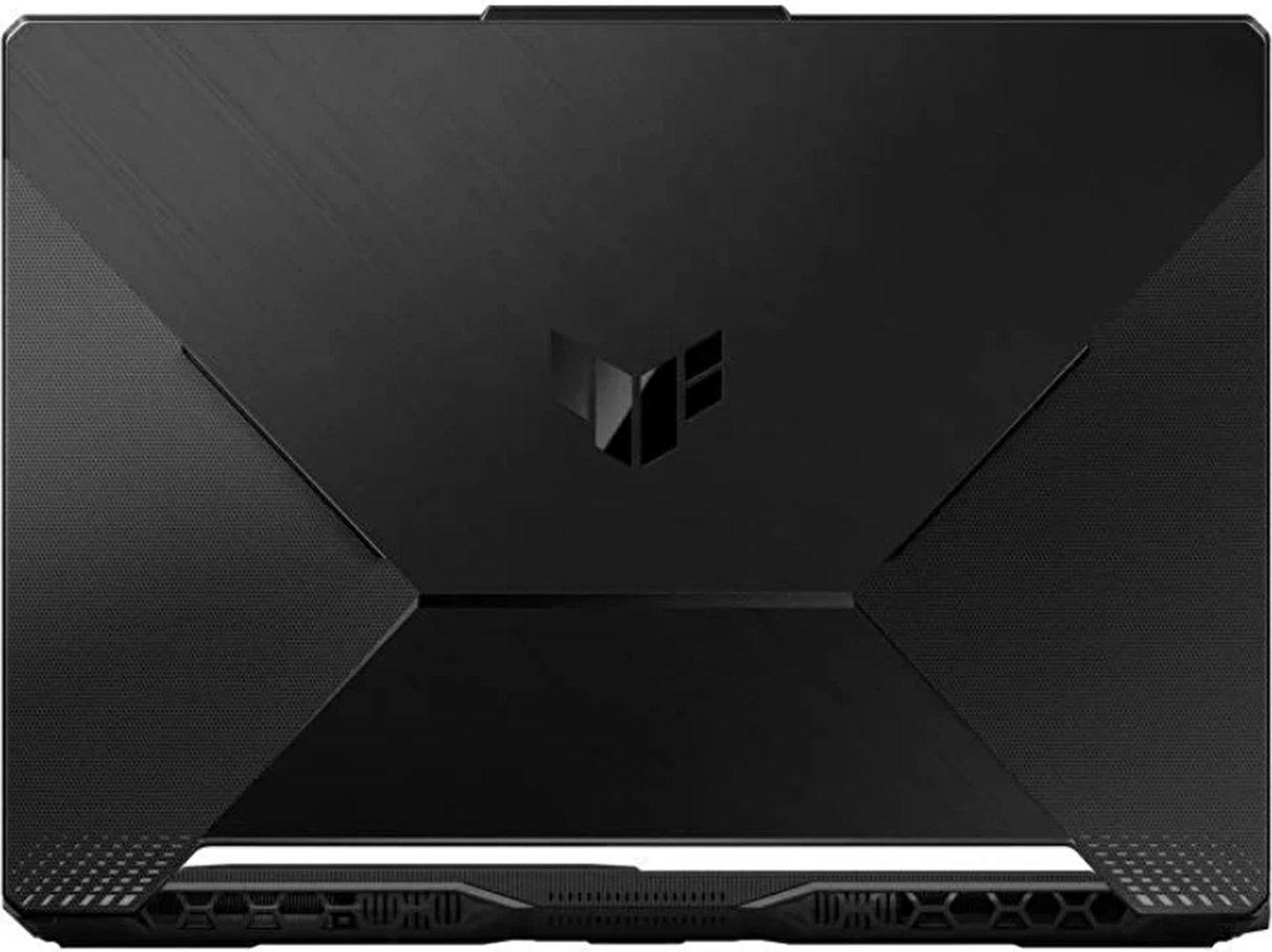 Ortada logo ve dokulu köşelere sahip siyah Asus TUF oyuncu dizüstü bilgisayar kapağı.