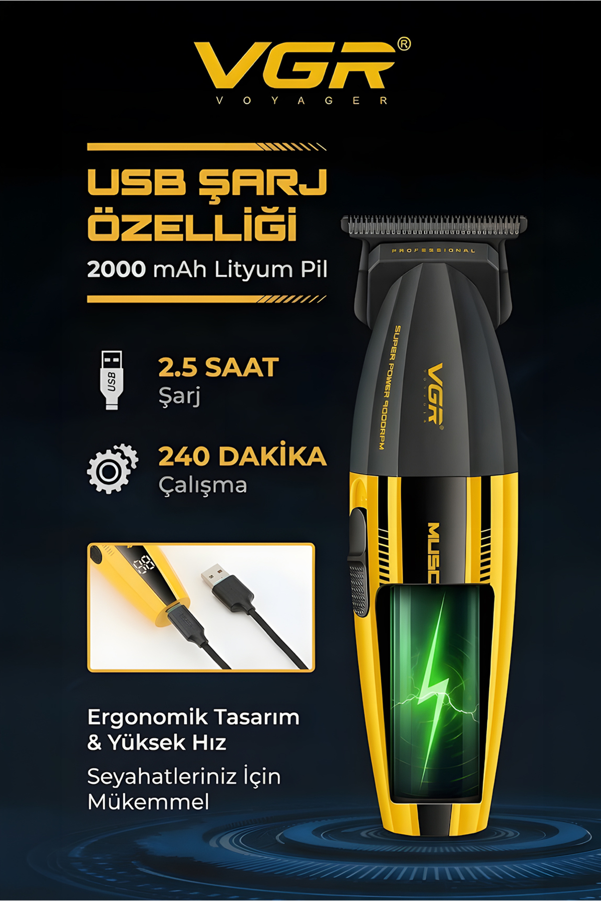 USB şarj özellikli ve ekranlı sarı siyah VGR saç kesme makinesi.