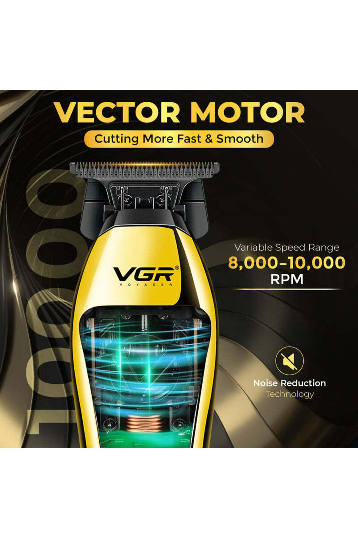 Vektör motorlu, 10.000 RPM'ye kadar değişken hız özellikli ve şeffaf gövdeli altın renkli VGR saç kesme makinesi.