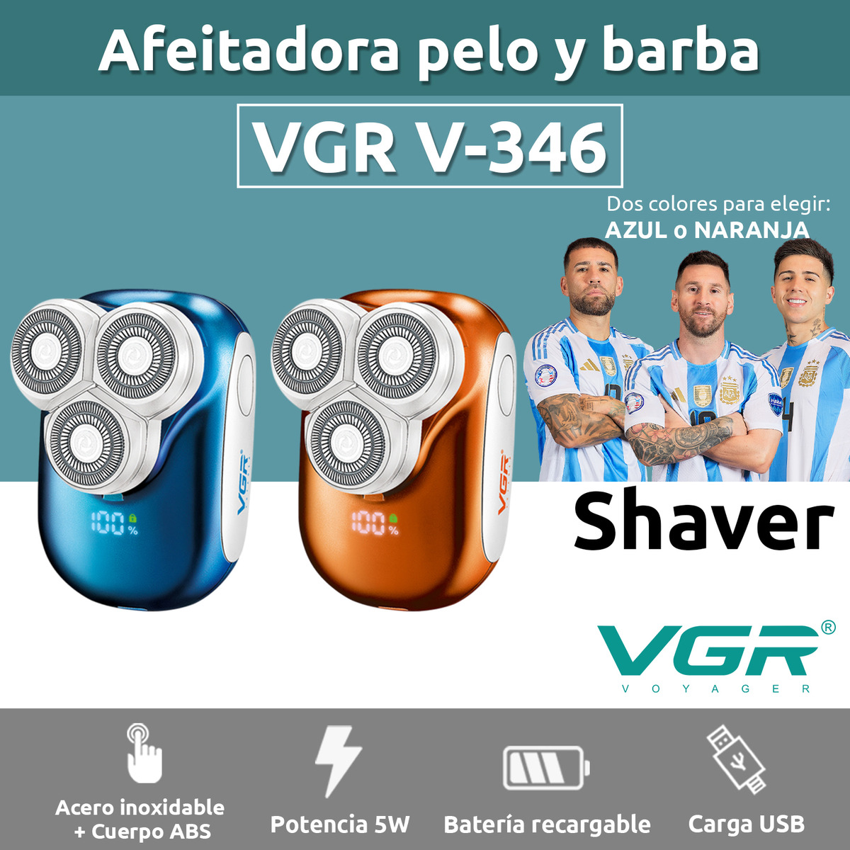 Mavi ve turuncu renkli VGR V-346 tıraş makinesi, paslanmaz çelik ve USB şarj özellikli tanıtım görseli.