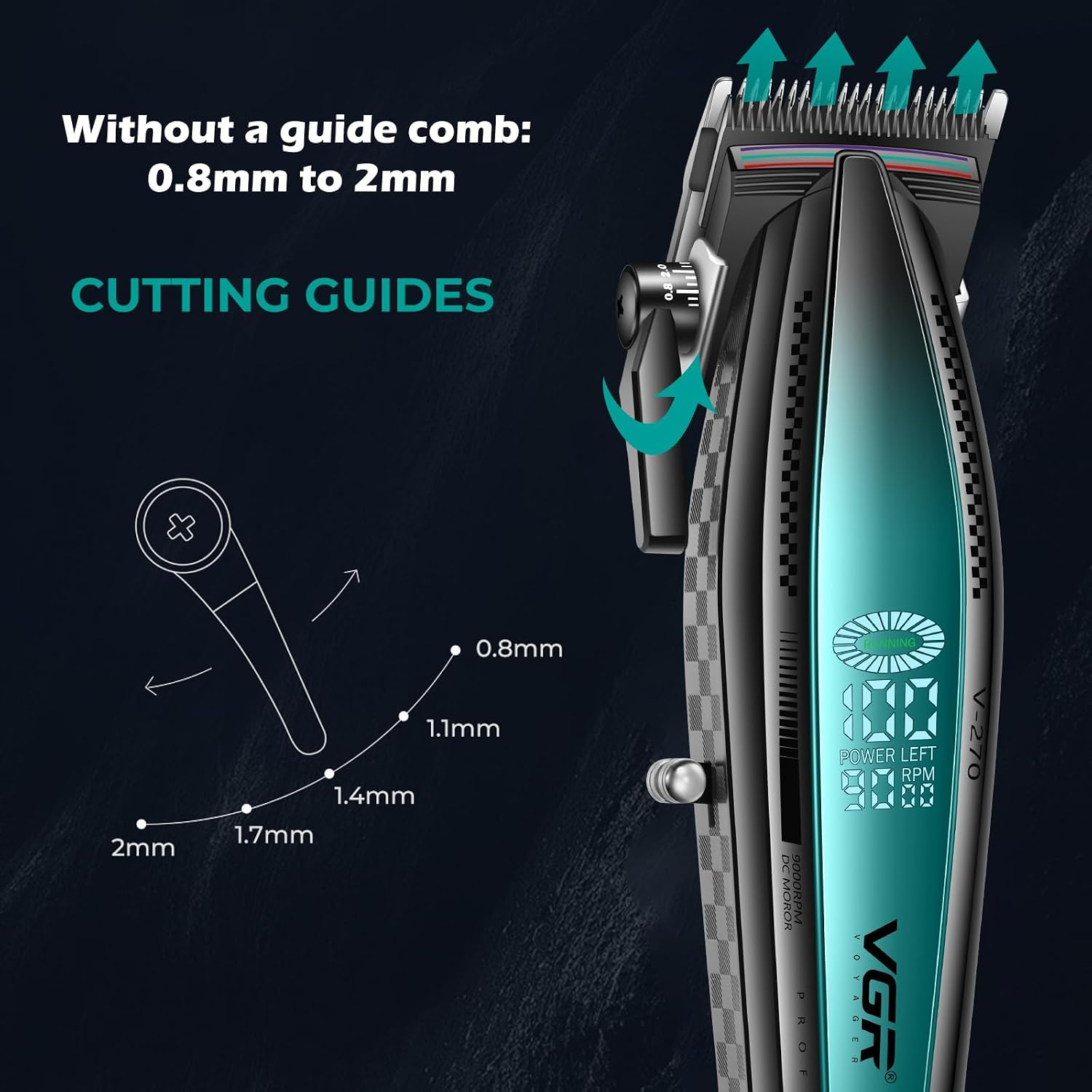 Koyu arka planda 0.8mm ile 2mm arasında kesim kılavuzuna sahip VGR saç kesme makinesi.