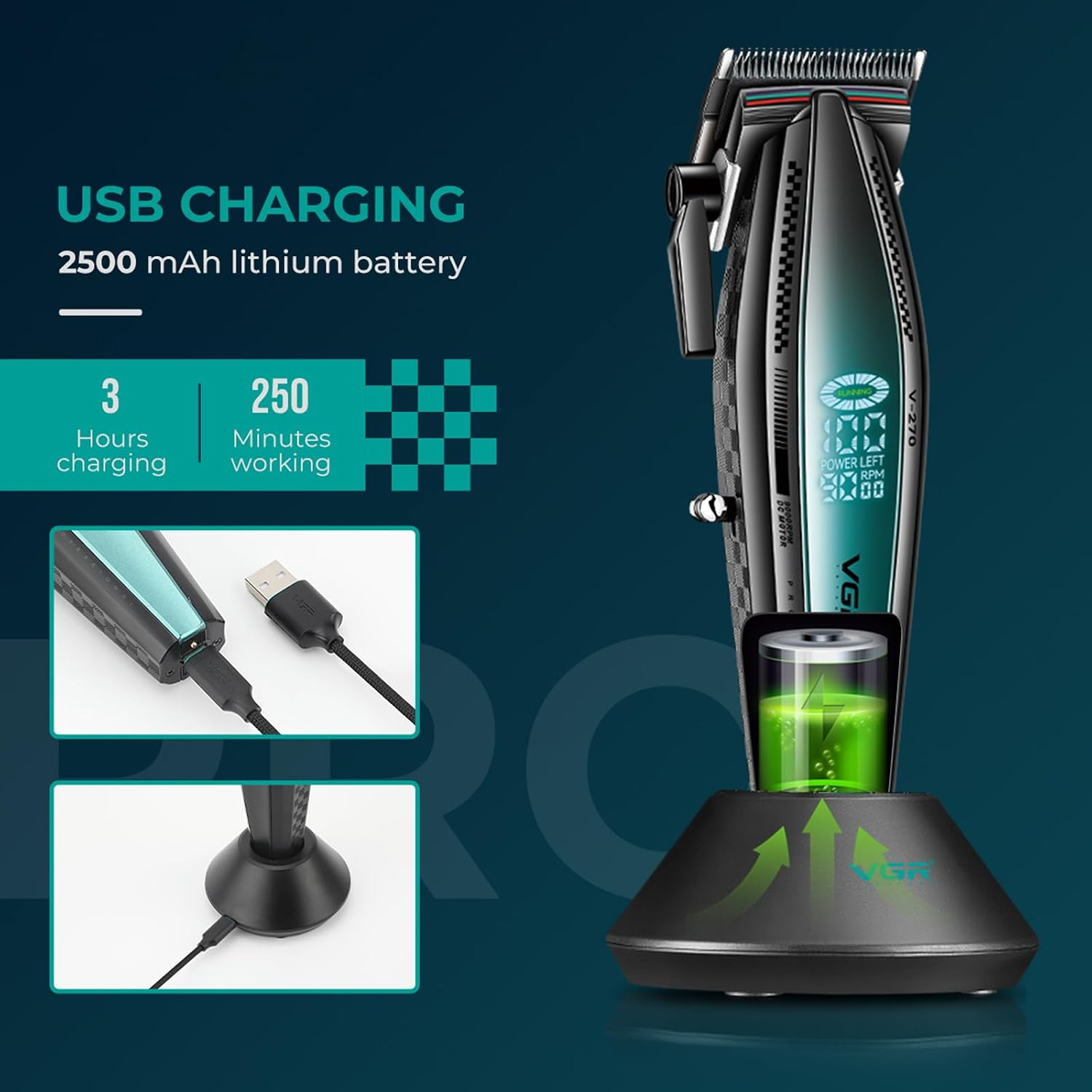 Koyu arkaplanda USB şarj istasyonu, dijital ekran ve lityum bataryaya sahip saç kesme makinesi.