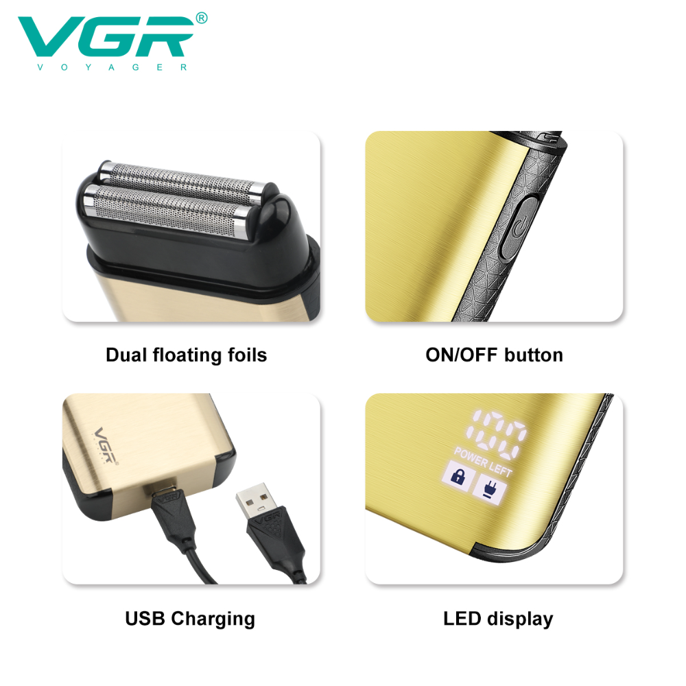 VGR tıraş makinesi özelliklerini gösteren dört panel: çift folyo, güç tuşu, USB şarj ve LED ekran.