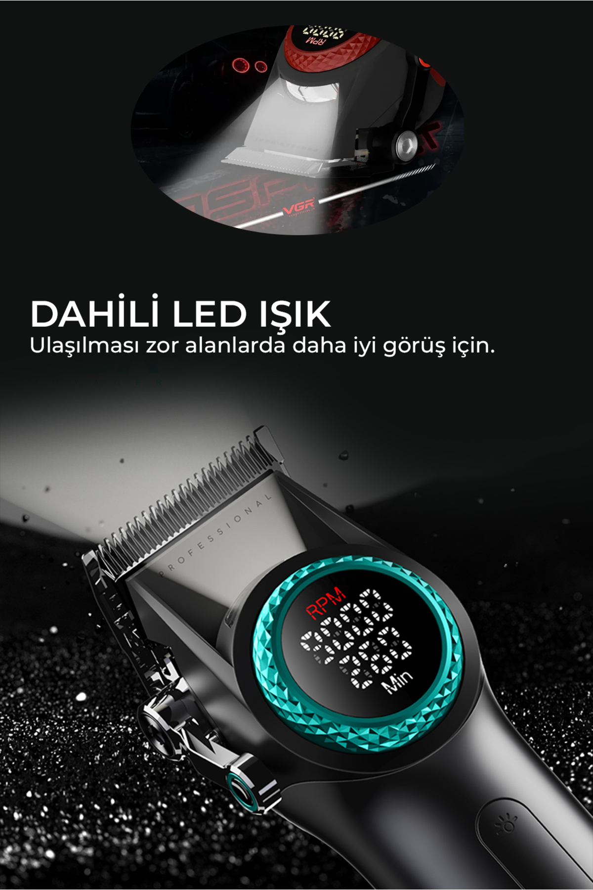 Koyu parlak zemin üzerinde LED ışıklı ve dijital RPM göstergeli siyah profesyonel saç kesme makinesi.