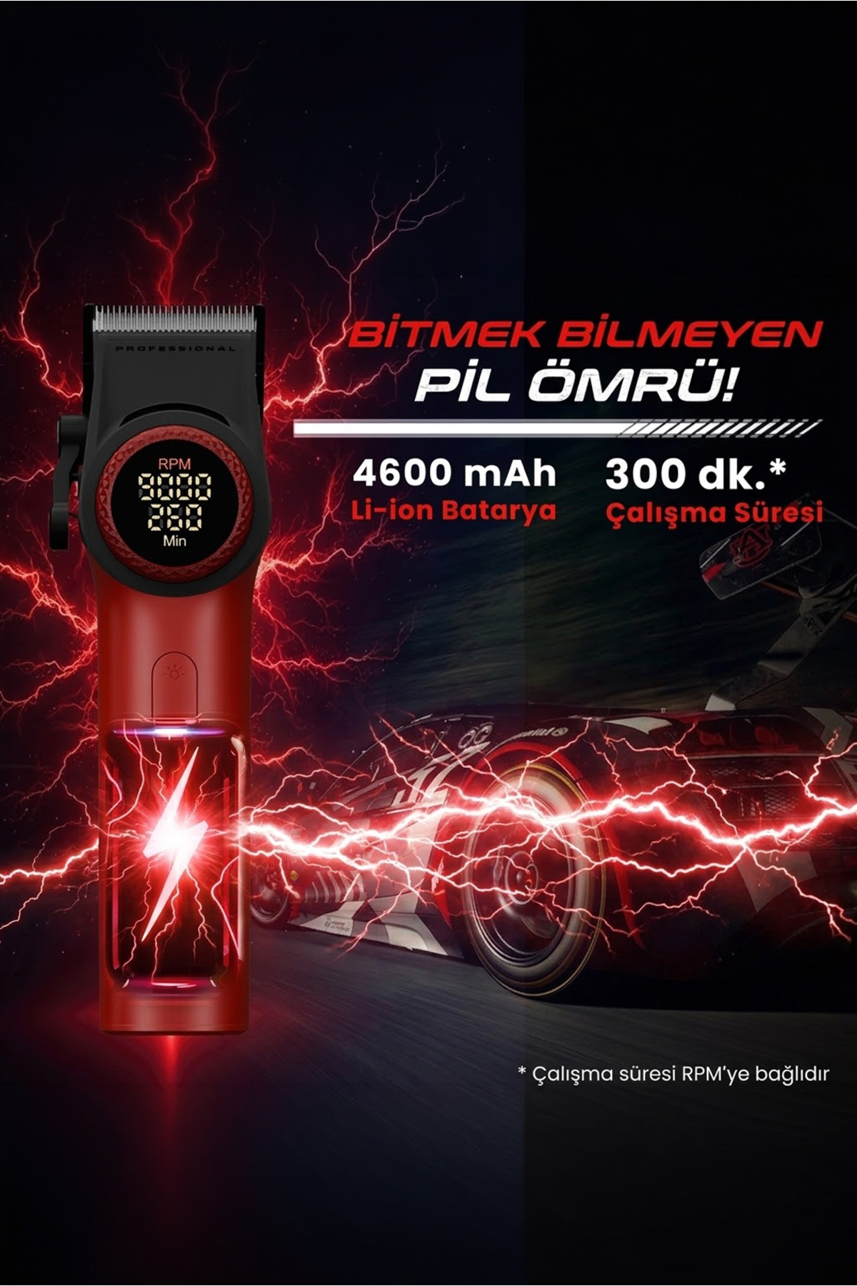 Karanlık arka planda dijital ekranlı ve yıldırım grafikli kırmızı saç kesme makinesi.