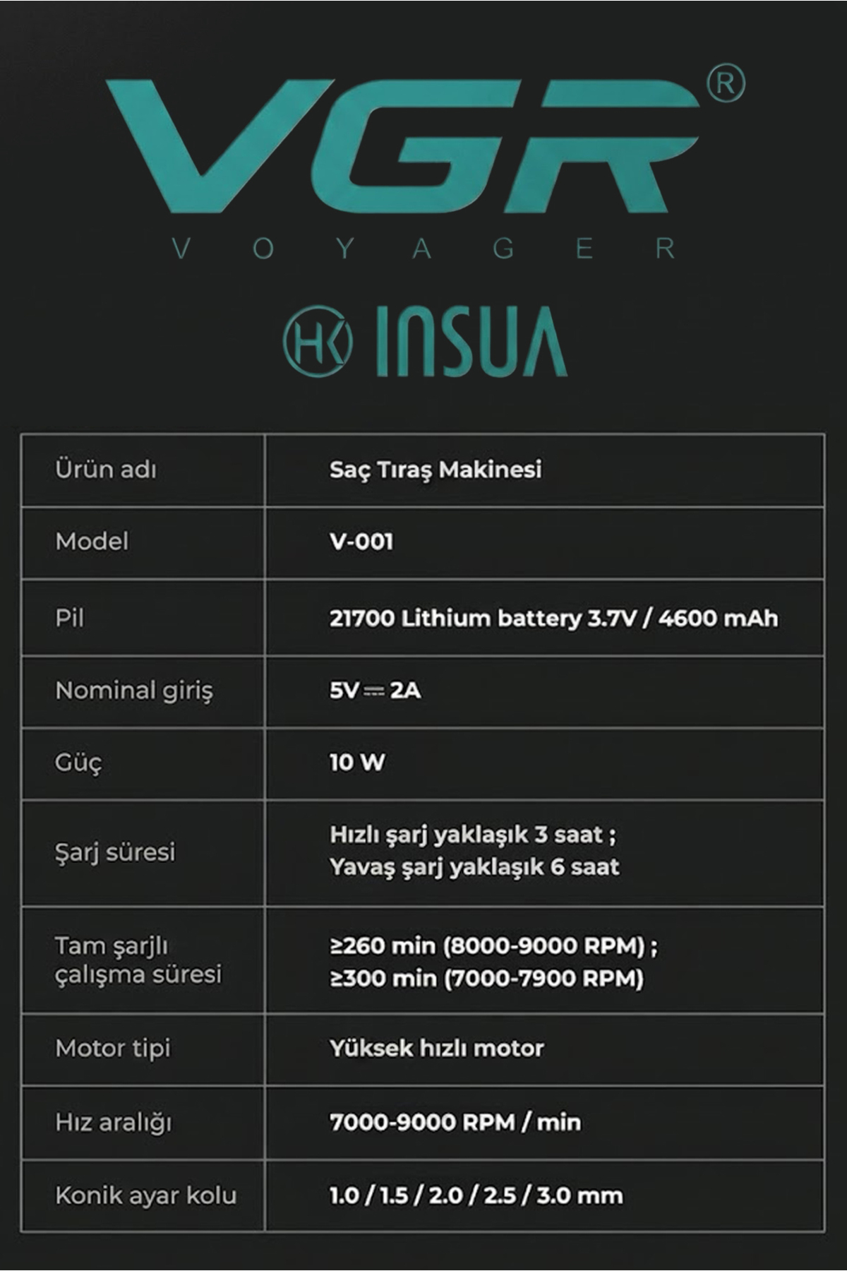 Siyah arka planda VGR V-001 saç kesme makinesi pil ve güç detaylarını gösteren teknik özellikler tablosu.
