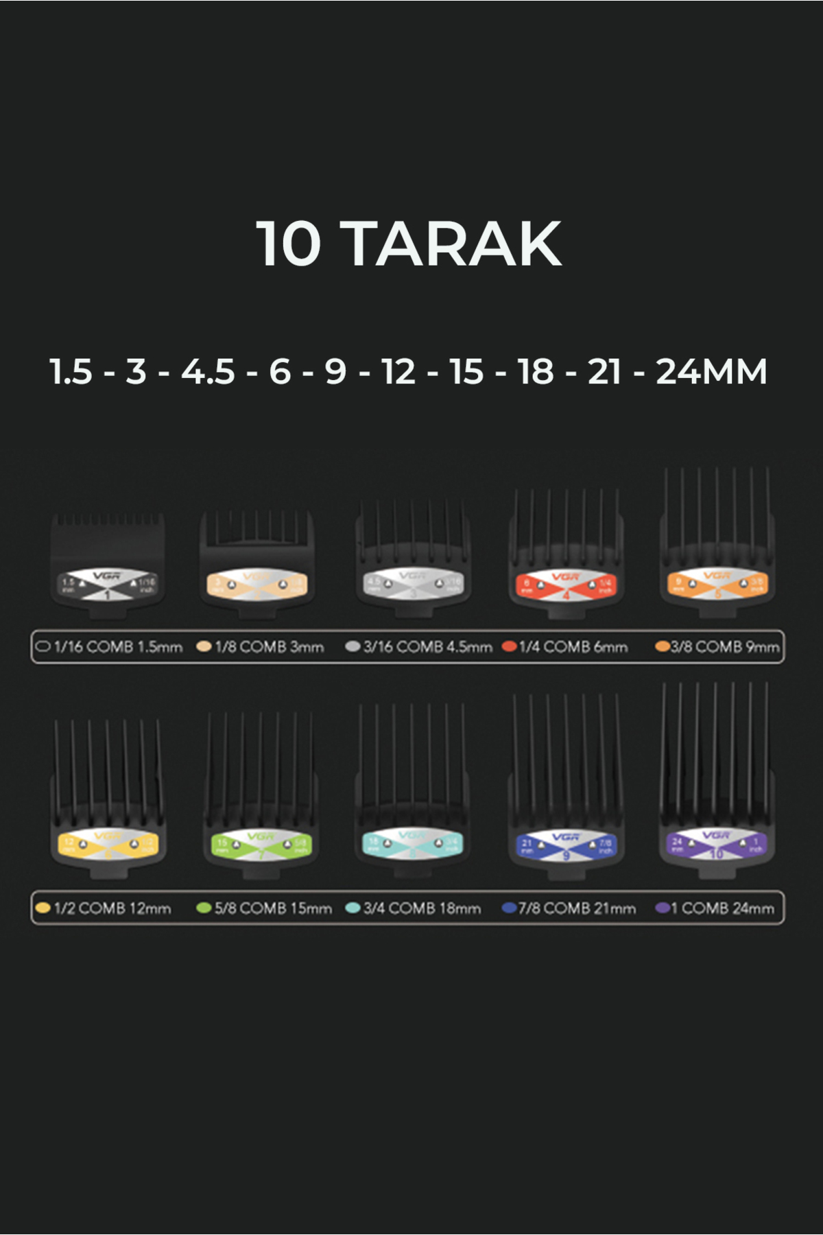 Siyah arka planda 1.5mm'den 24mm'e kadar çeşitli boyutlarda on adet siyah saç kesme makinesi tarığı.