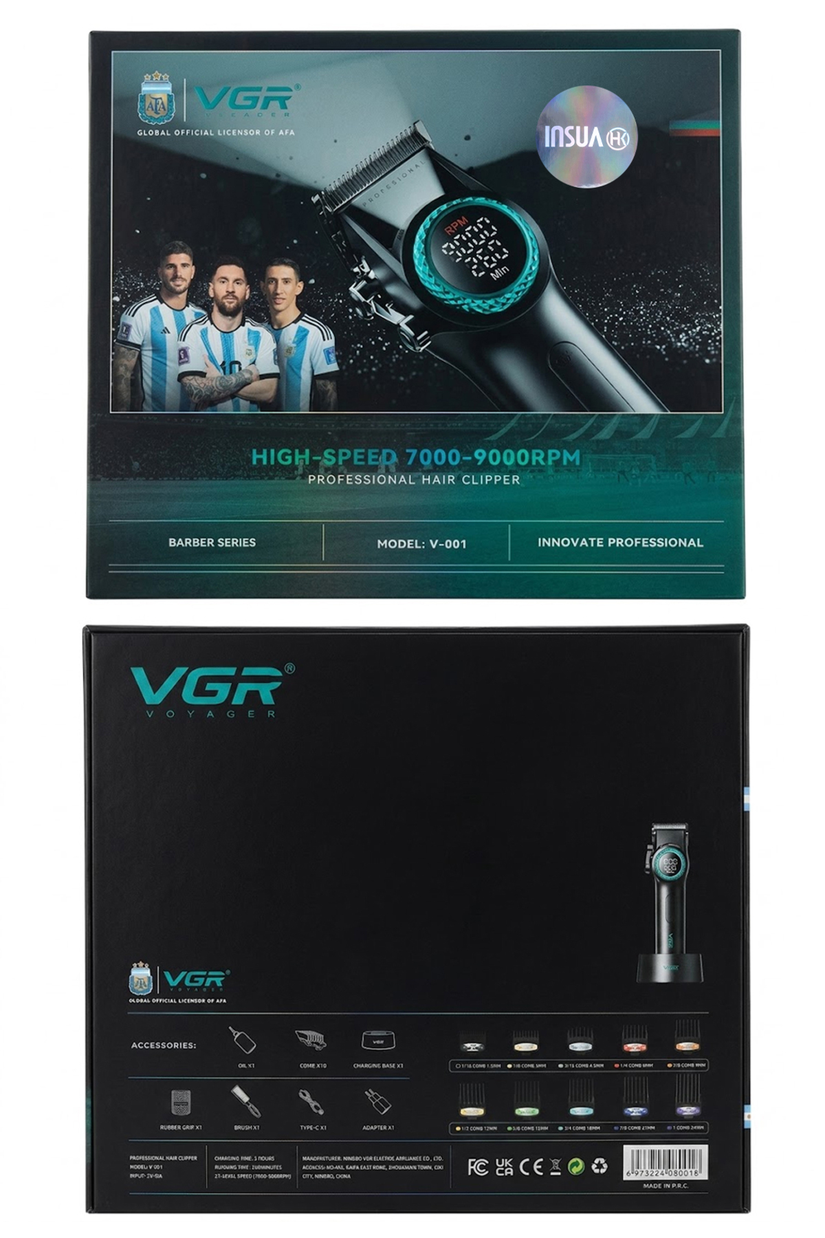 Ön yüzünde AFA futbolcuları ve arka yüzünde aksesuarlar bulunan VGR saç kesme makinesi kutusu.