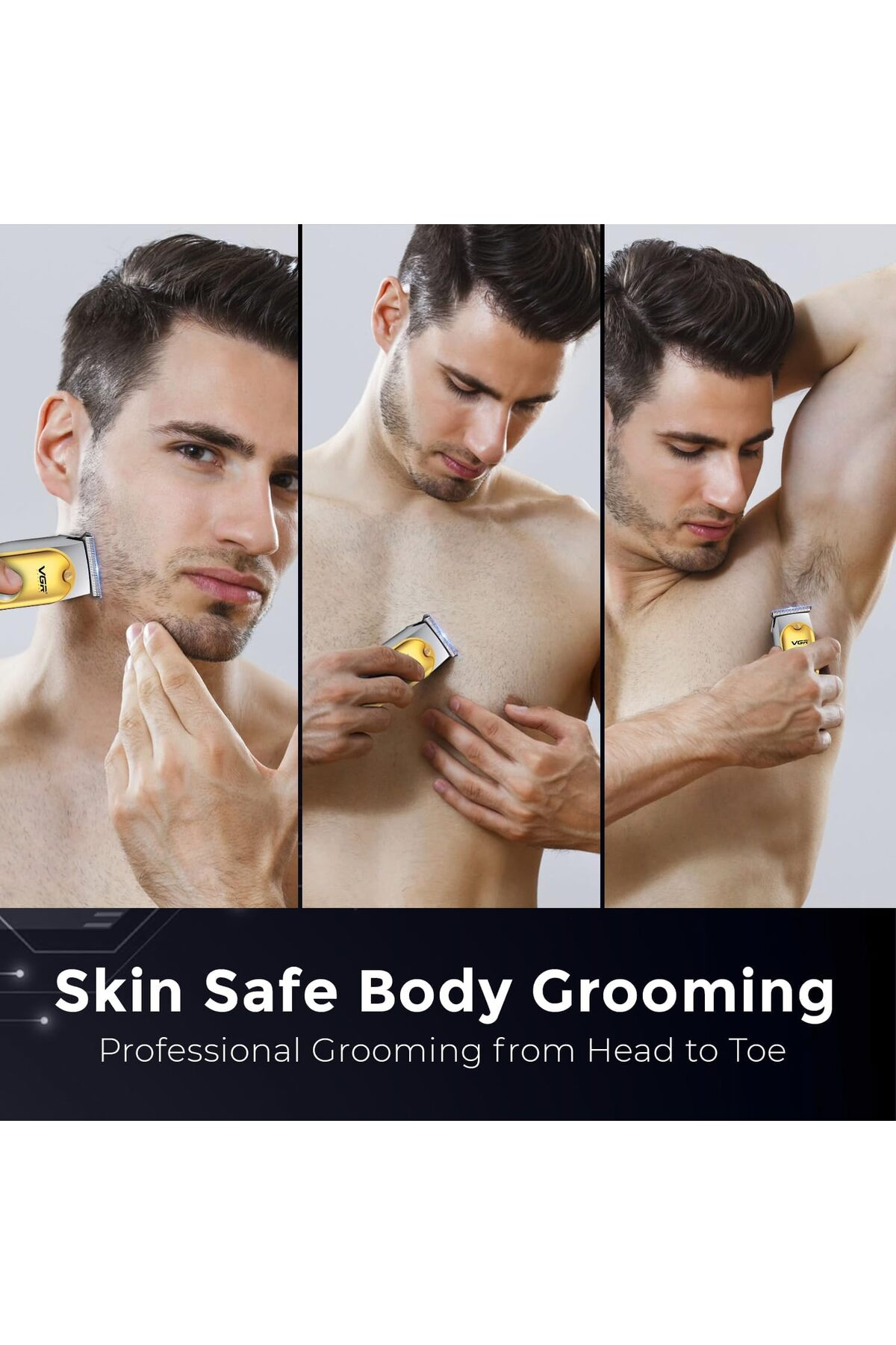 Bir adam sakal, göğüs ve koltuk altı için altın rengi tıraş makinesi kullanıyor. Metin: Skin Safe Body Grooming.